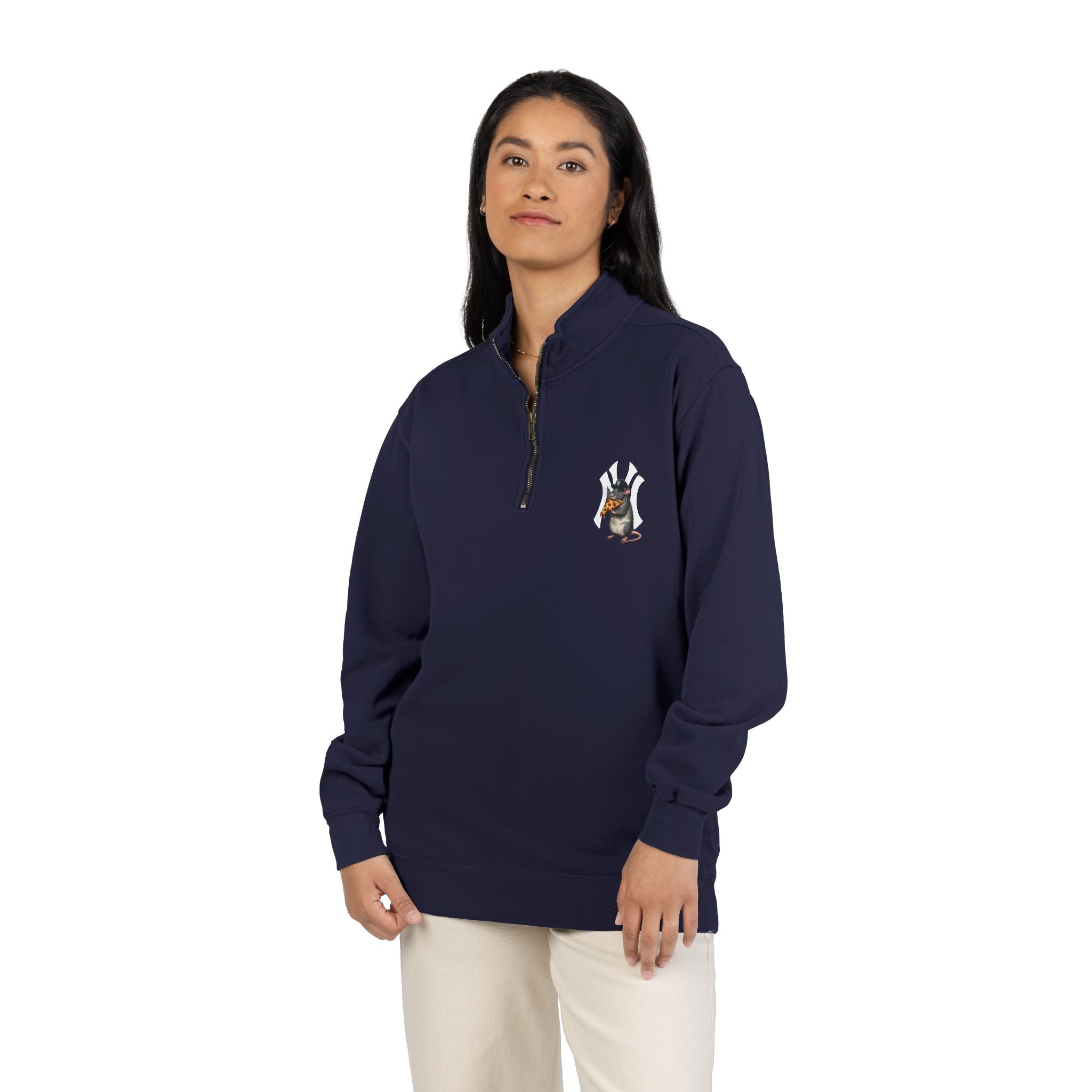 NY Yankee Quarter-Zip Sweatshirt — Small Retro Dog Portrait Chest Print