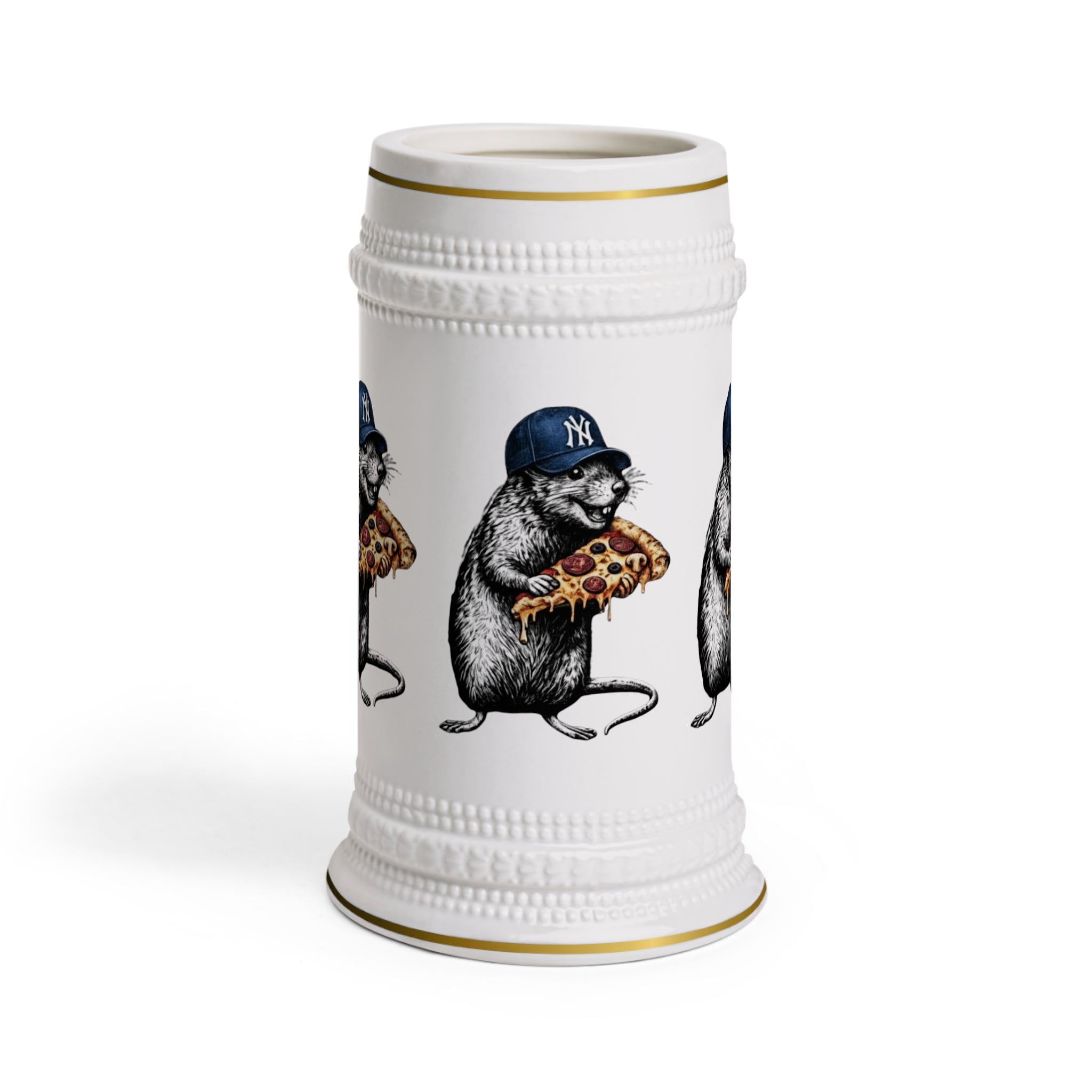 Beer Stein Mug — Retro Rat Eating Pizza with Baseball Cap Ceramic Stein