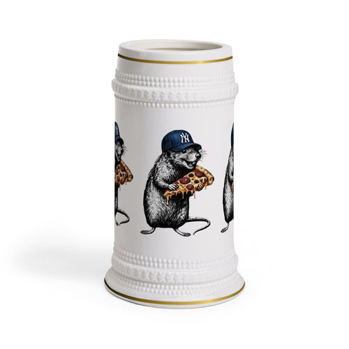 Beer Stein Mug — Retro Rat Eating Pizza with Baseball Cap Ceramic Stein