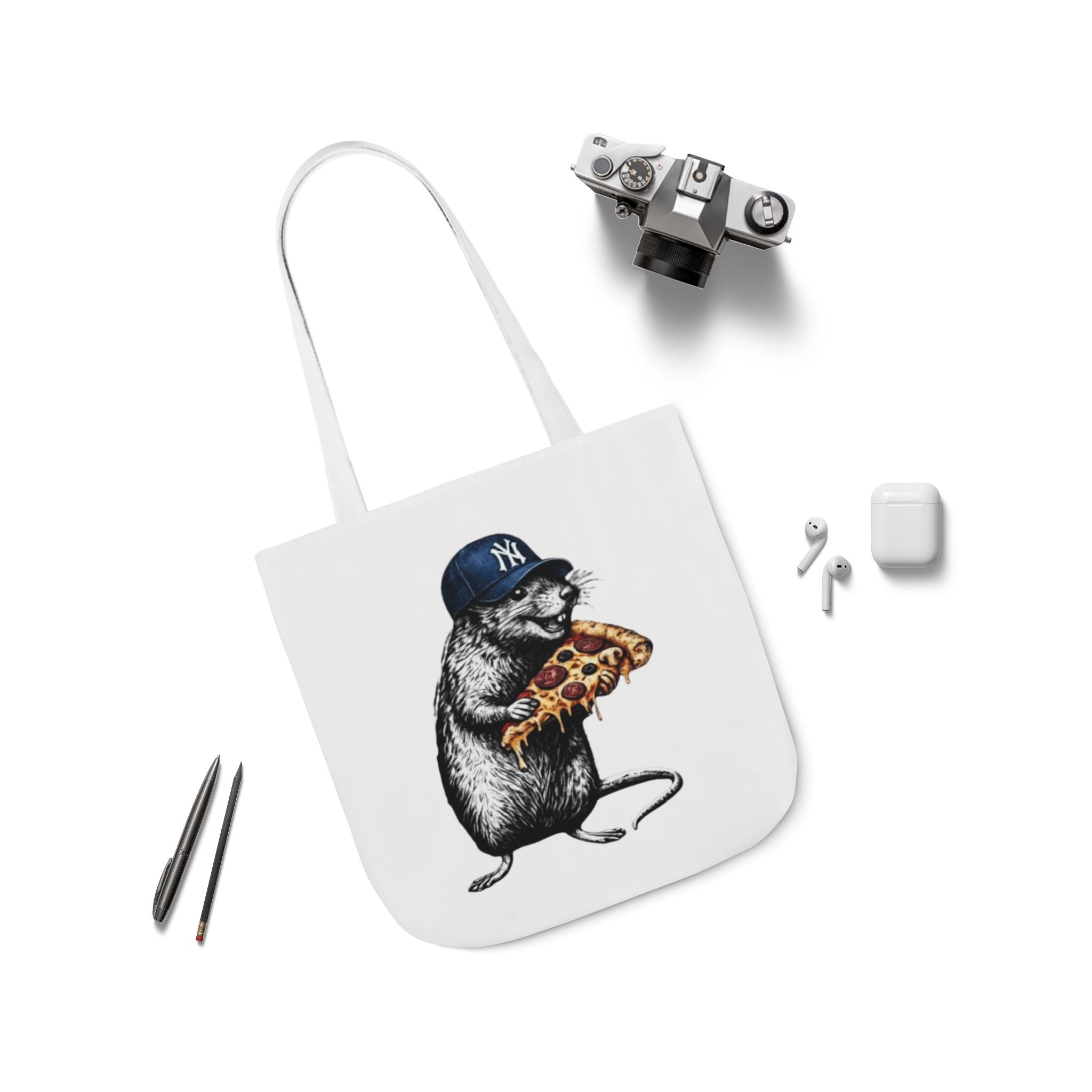 Canvas Tote — Cool Rat Wearing Yankees Cap Eating Pizza Print