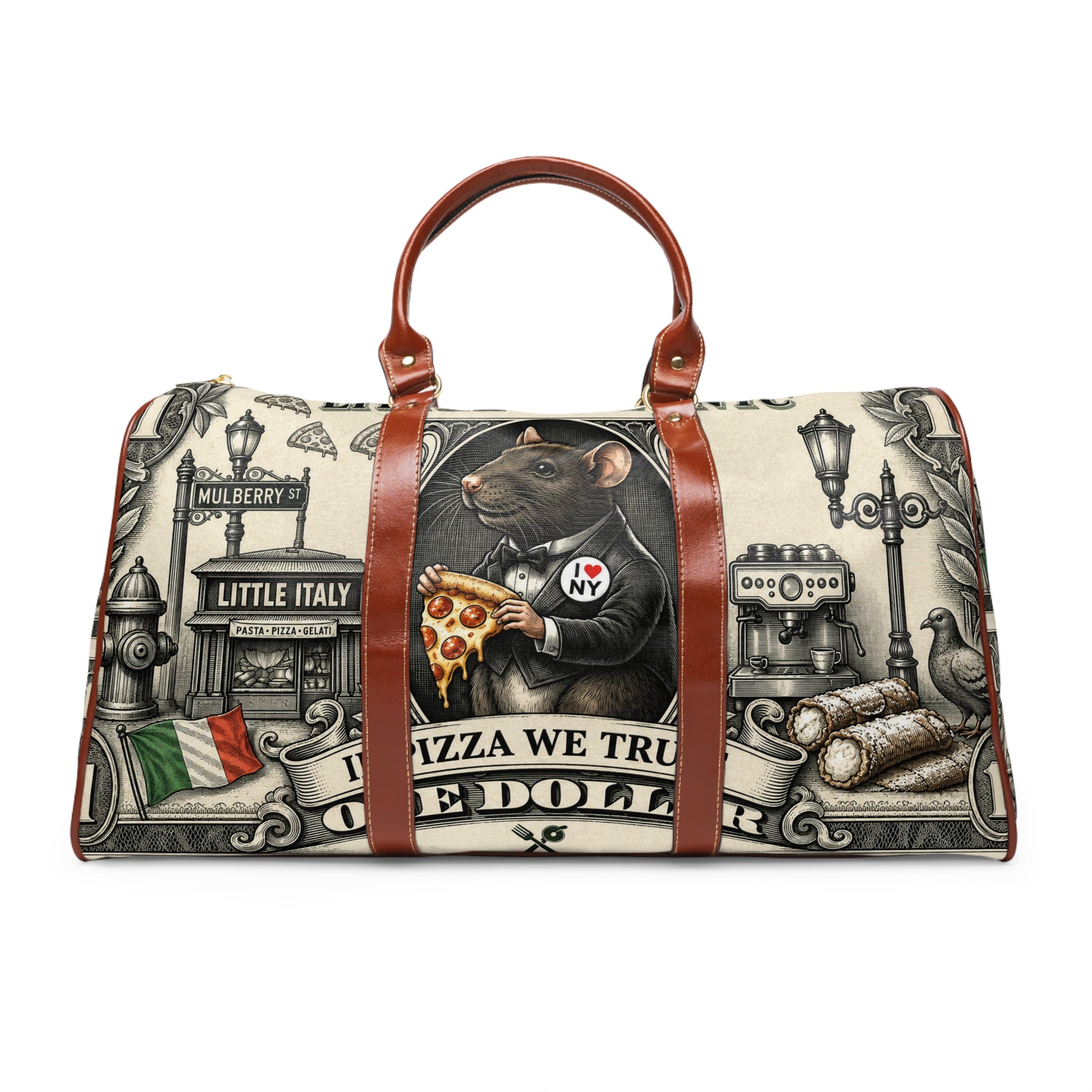 Italian Pizza Rat Waterproof Travel Bag — 'In Pizza We Trust' Duffle for Foodies & Travelers