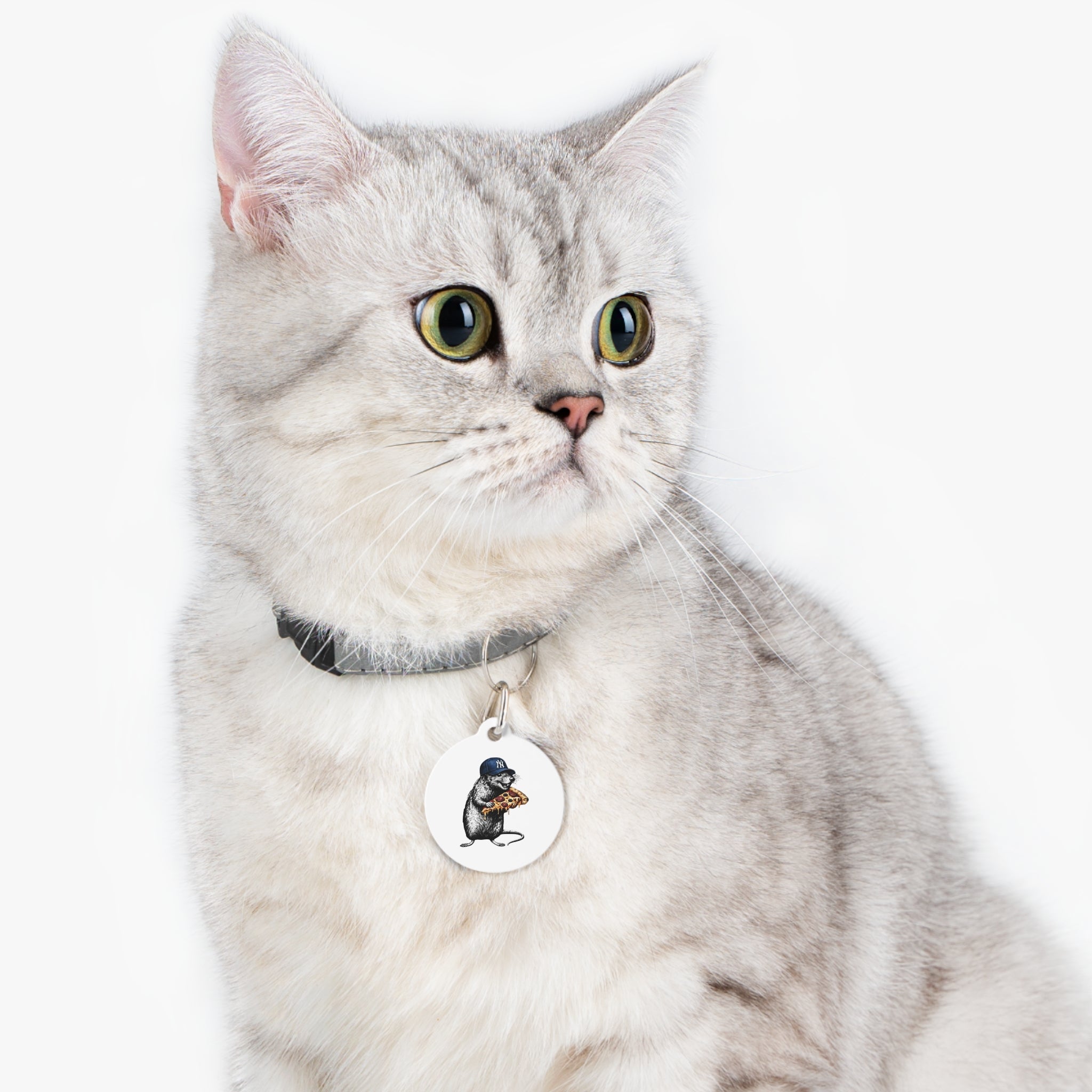 Pet Tag — 'No Sleep. No Rules. Just Pizza.' Round Pet ID Tag with Rat & Pizza Illustration