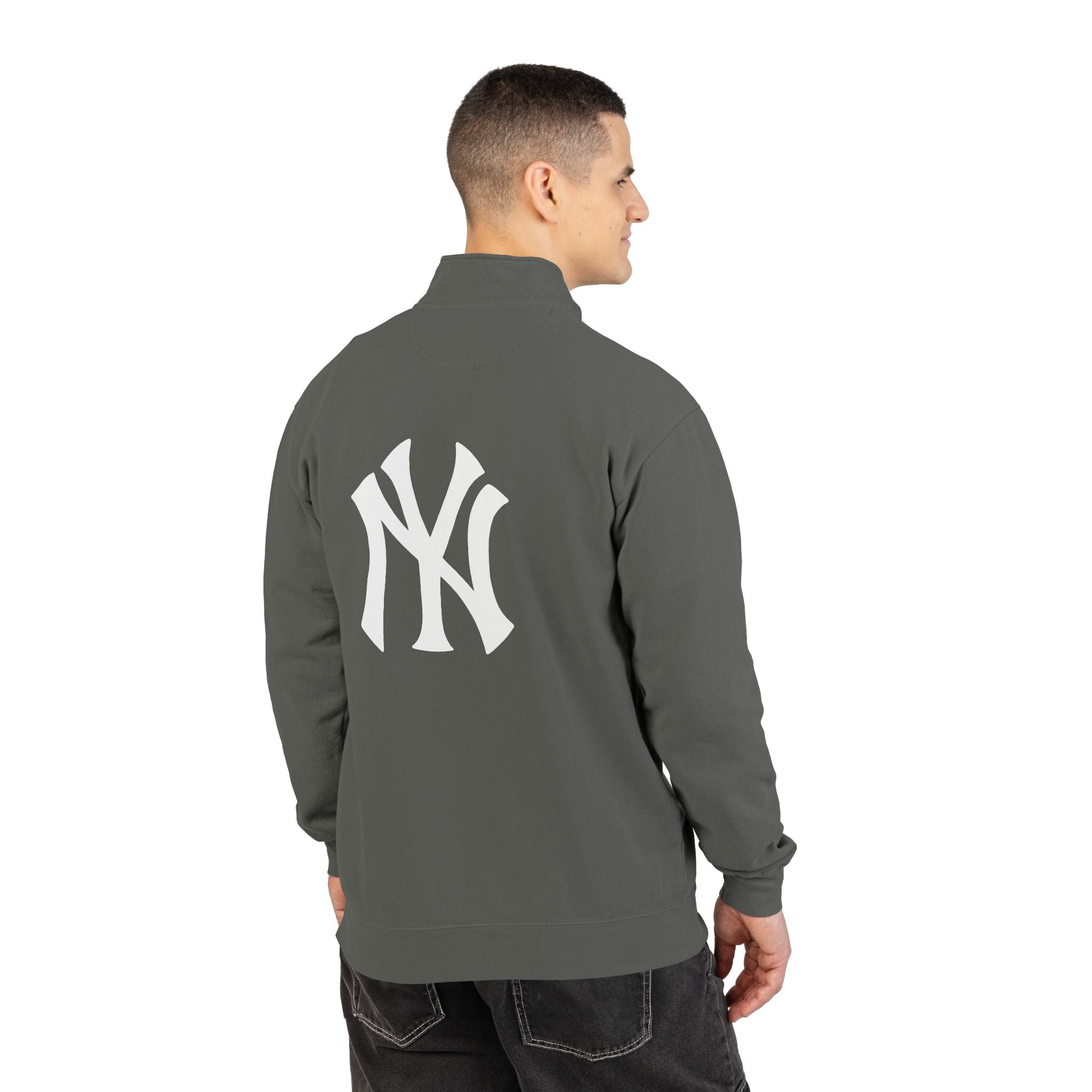 NY Yankee Quarter-Zip Sweatshirt — Small Retro Dog Portrait Chest Print