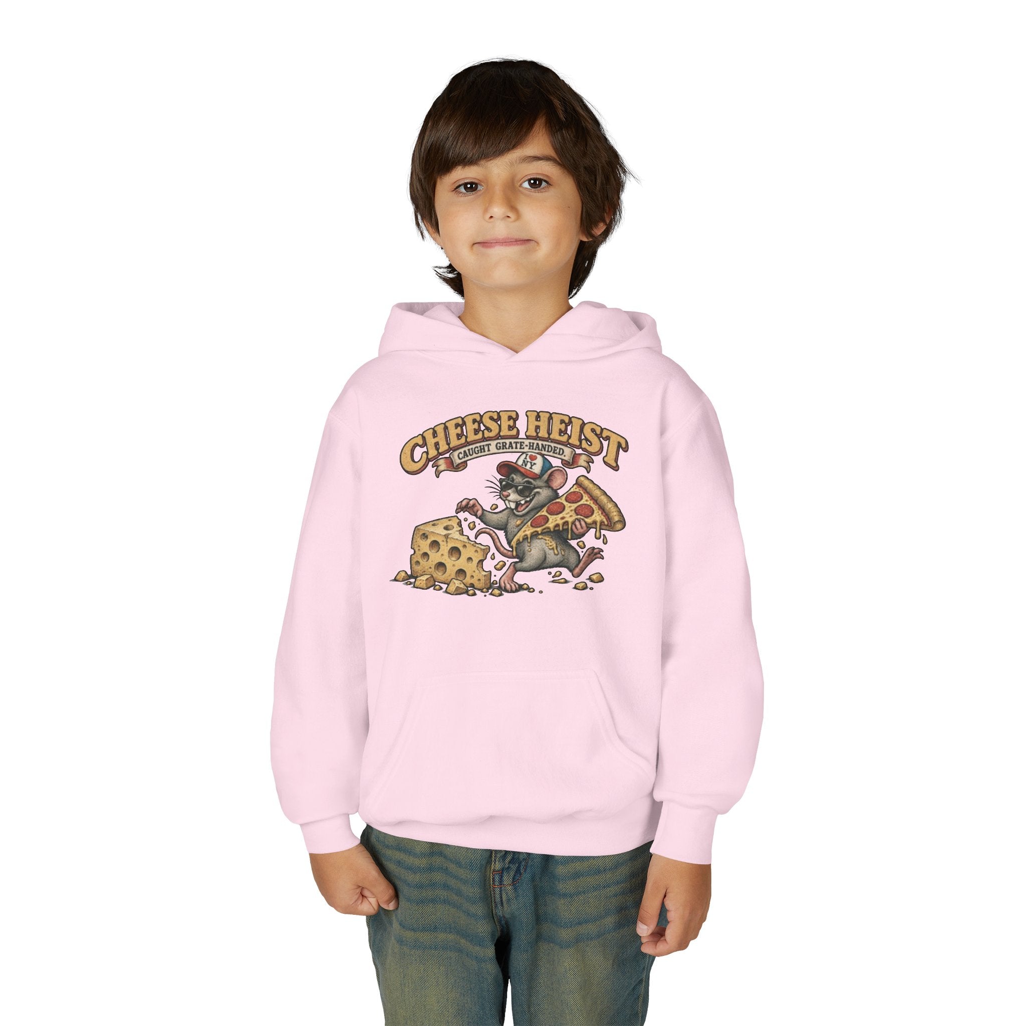Youth Hoodie - "Cheese Heist" Cartoon Mouse & Pizza Graphic