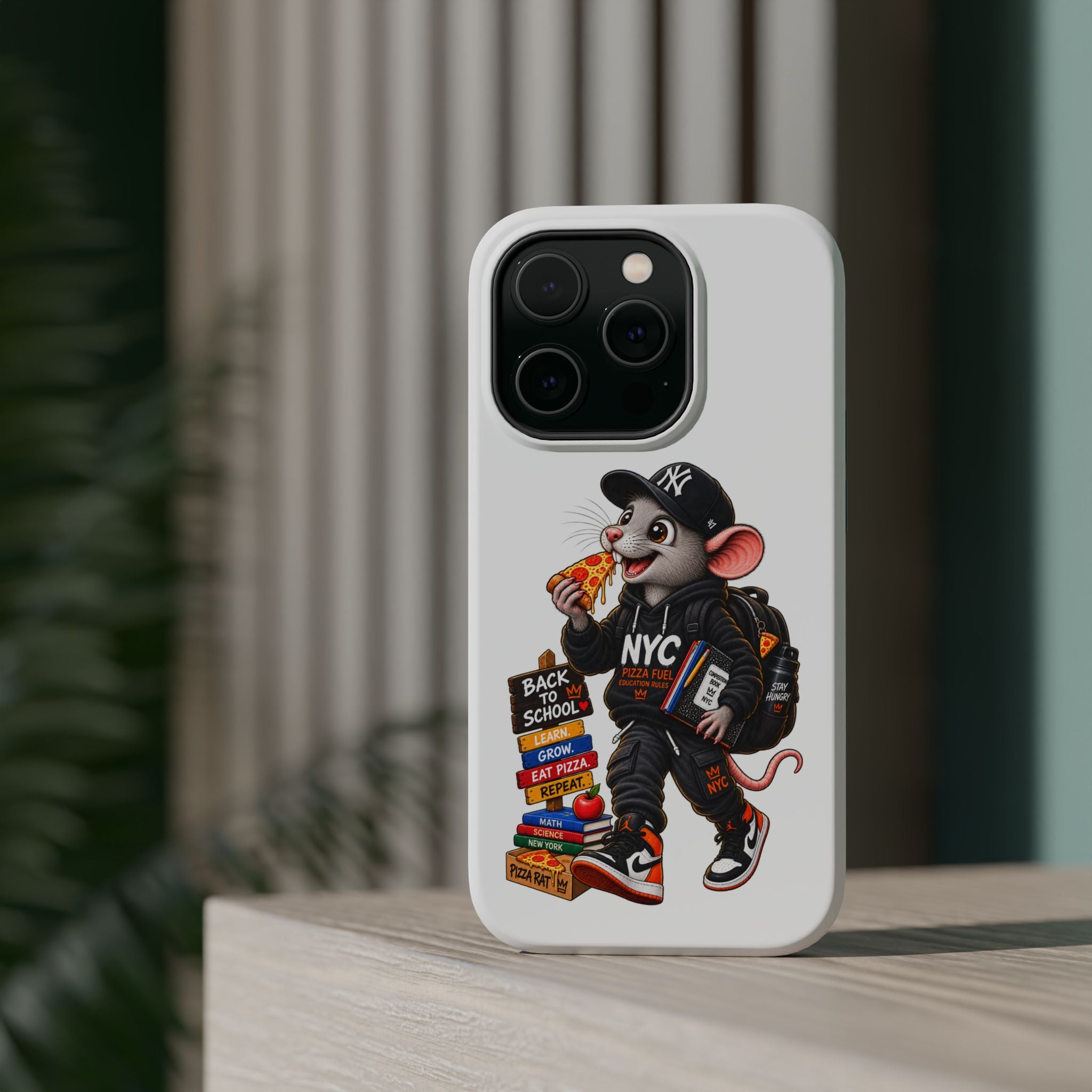 NYC Street Rat Phone Case – Magnetic Impact-Resistant iPhone Case with Back-to-School Pizza Design