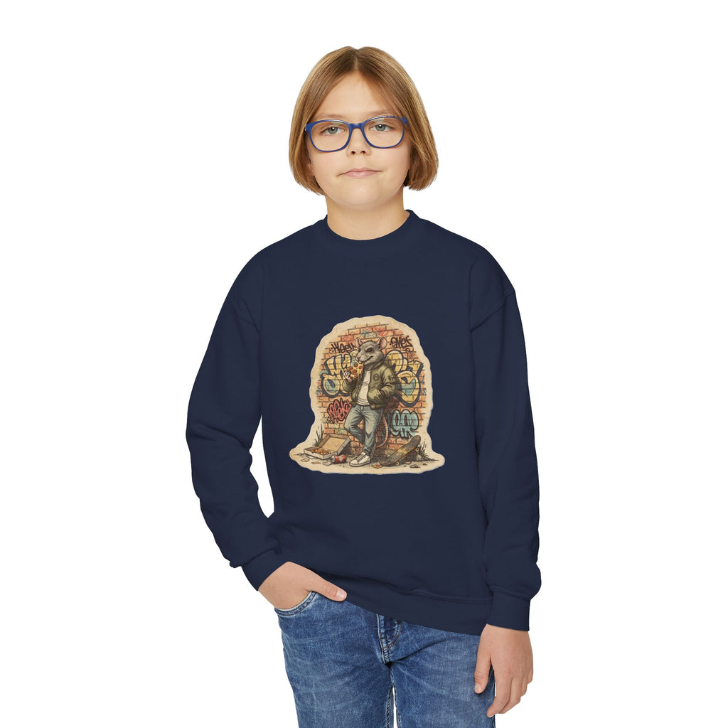 Youth Crewneck Sweatshirt — Vintage Explorer NY Rat Graphic