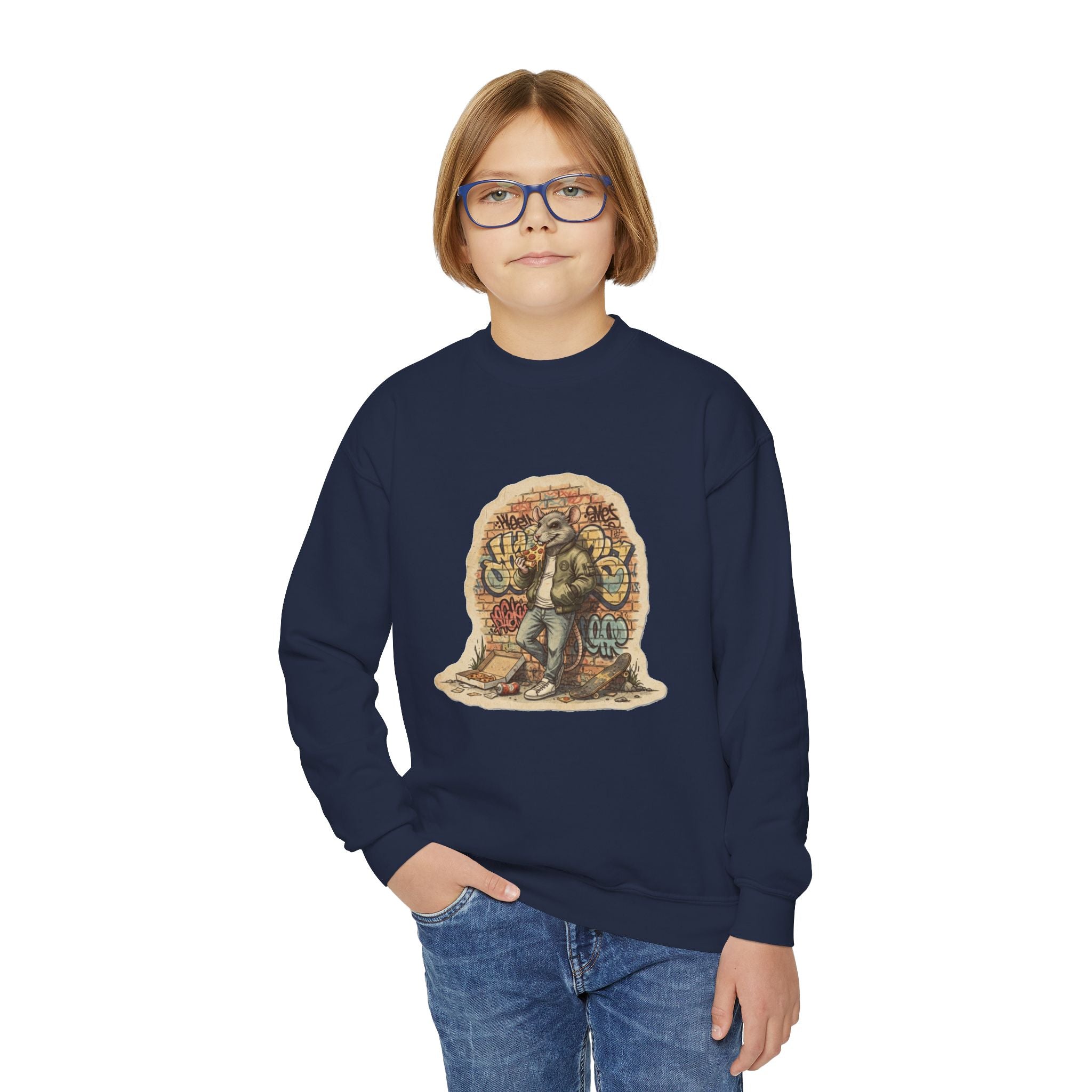 Youth Crewneck Sweatshirt — Vintage Explorer NY Rat Graphic