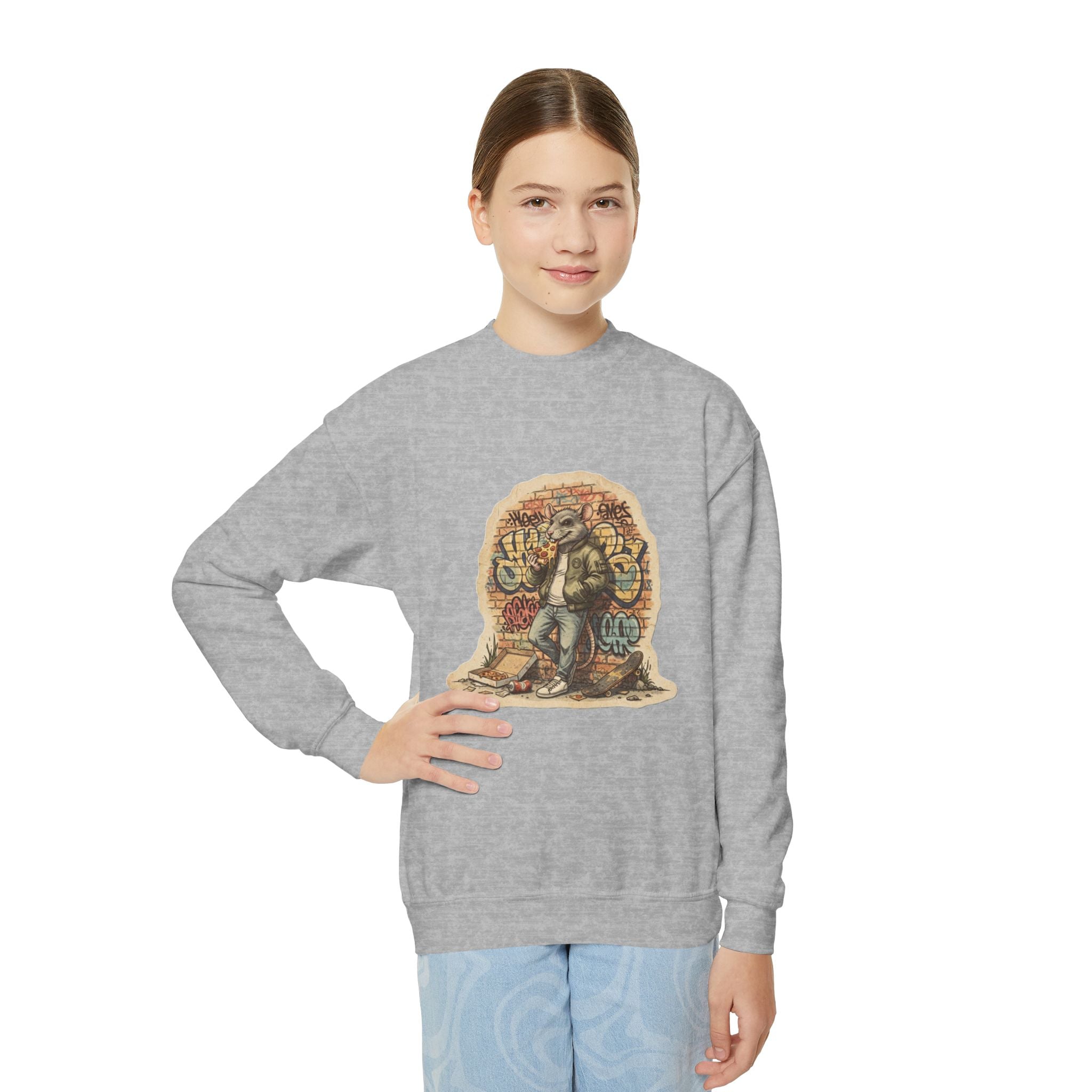 Youth Crewneck Sweatshirt — Vintage Explorer NY Rat Graphic