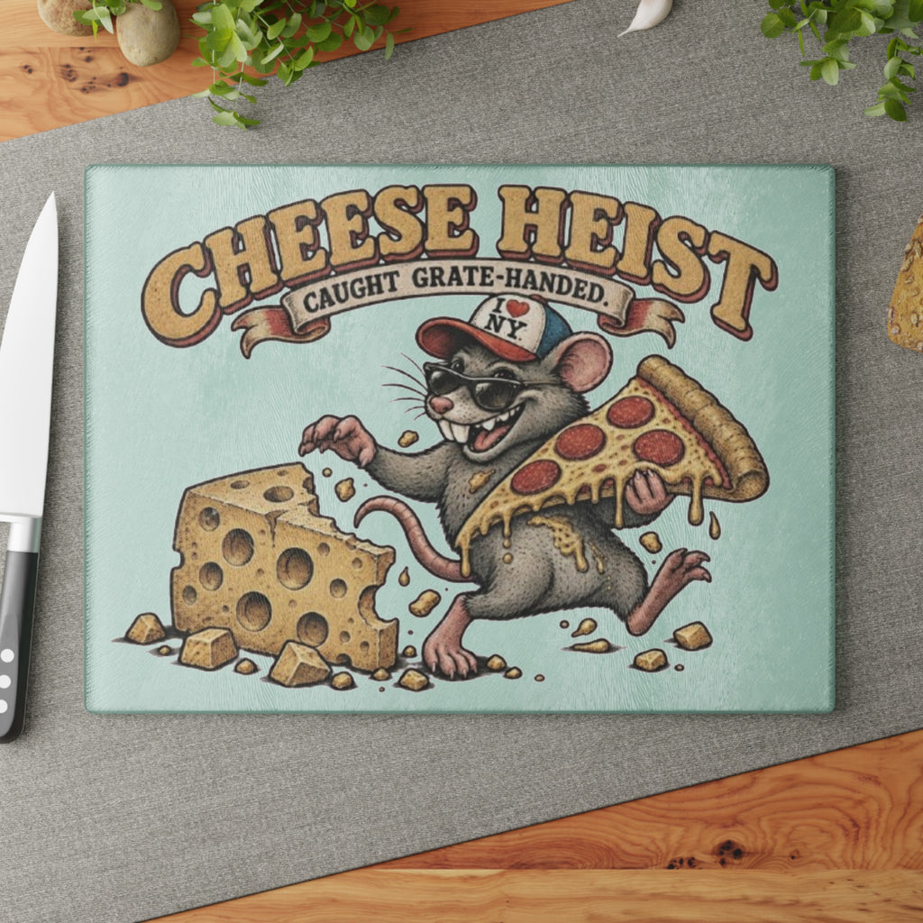 Glass Cutting Board - "Cheese Heist" Retro Rat Pizza & Cheese Kitchen Art