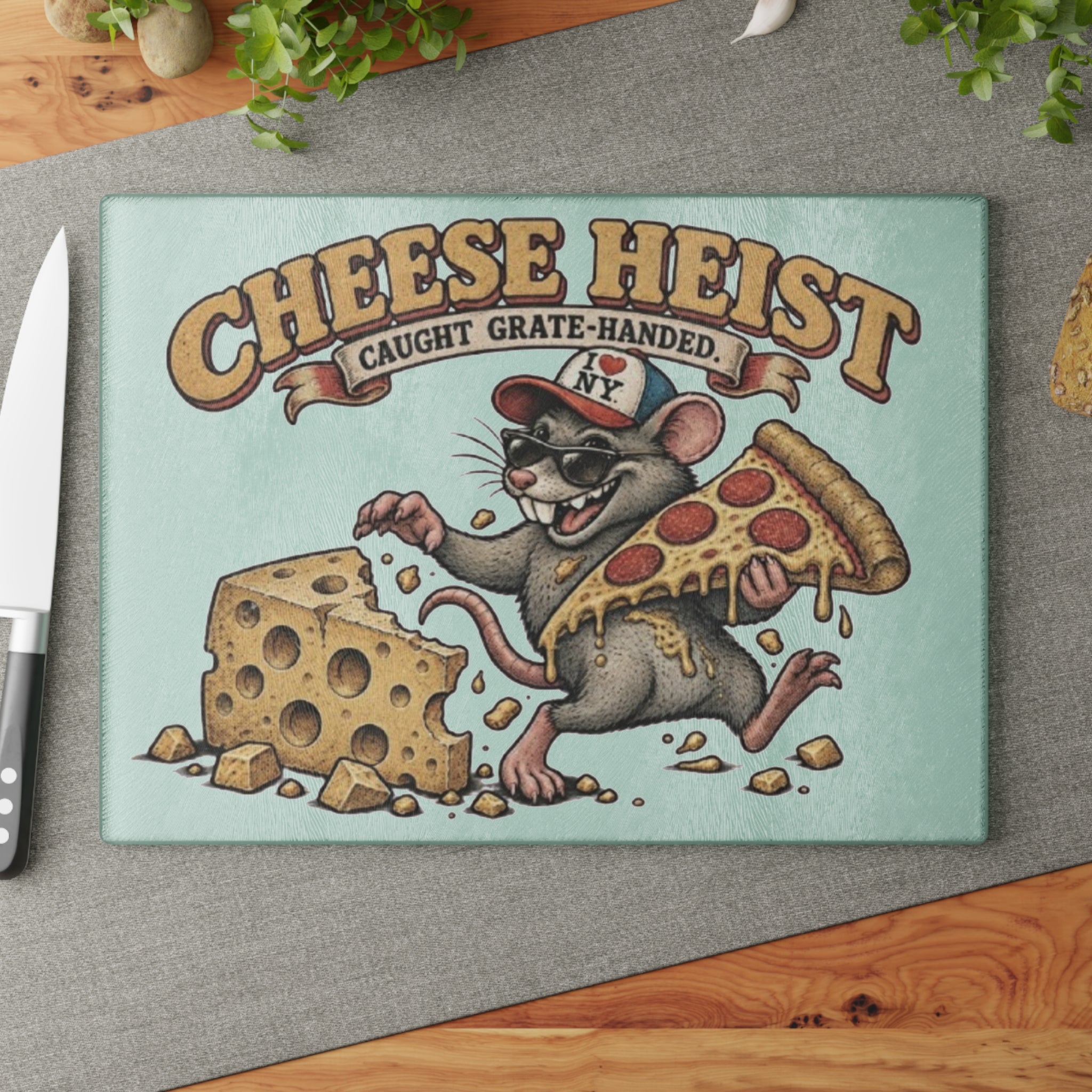Glass Cutting Board - "Cheese Heist" Retro Rat Pizza & Cheese Kitchen Art