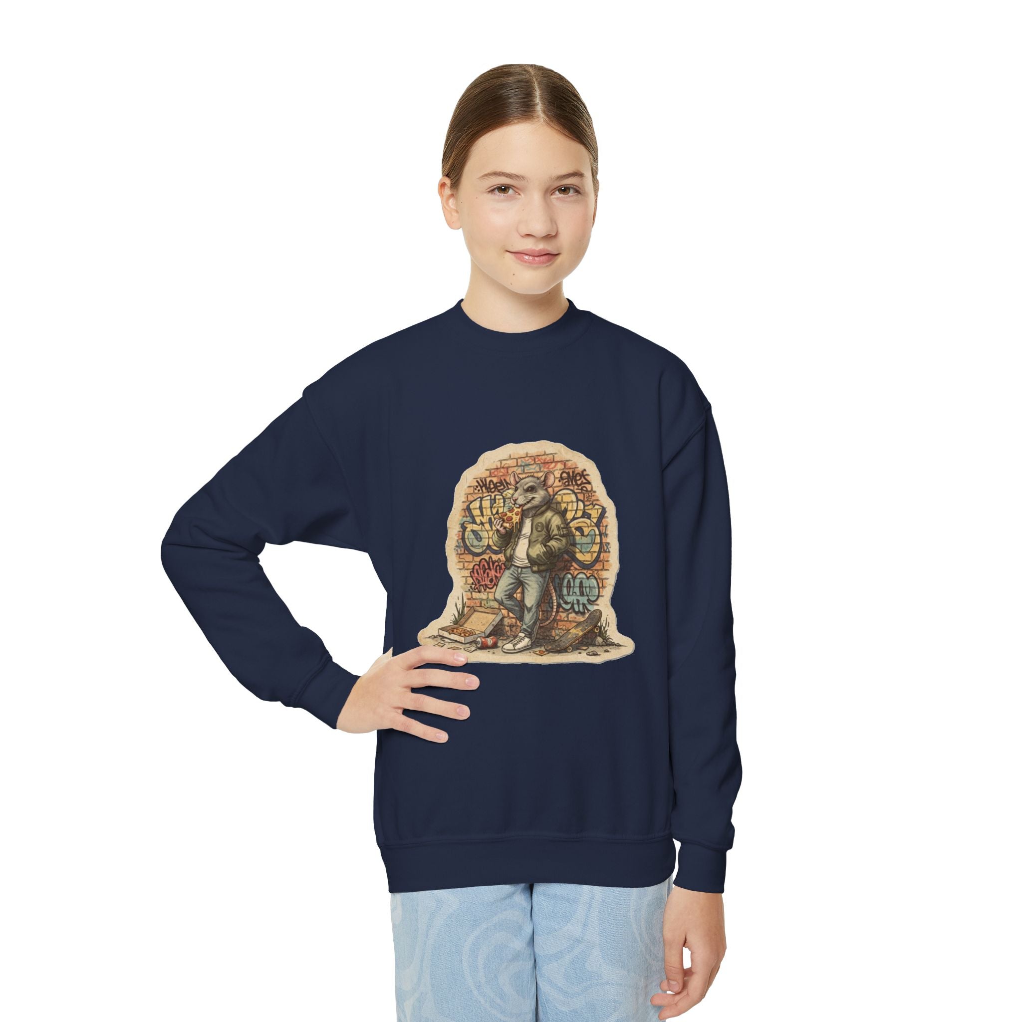 Youth Crewneck Sweatshirt — Vintage Explorer NY Rat Graphic