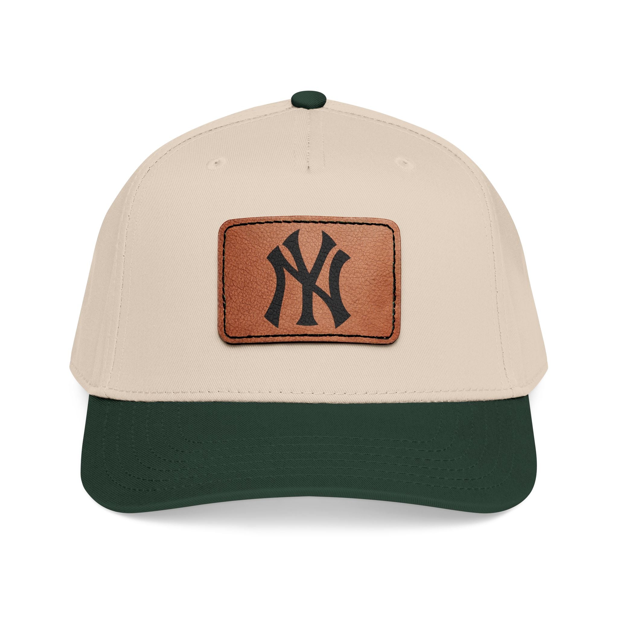 NY Leather Patch Baseball Cap — Vintage Leather Rectangle Patch on Mid-Profile Cap
