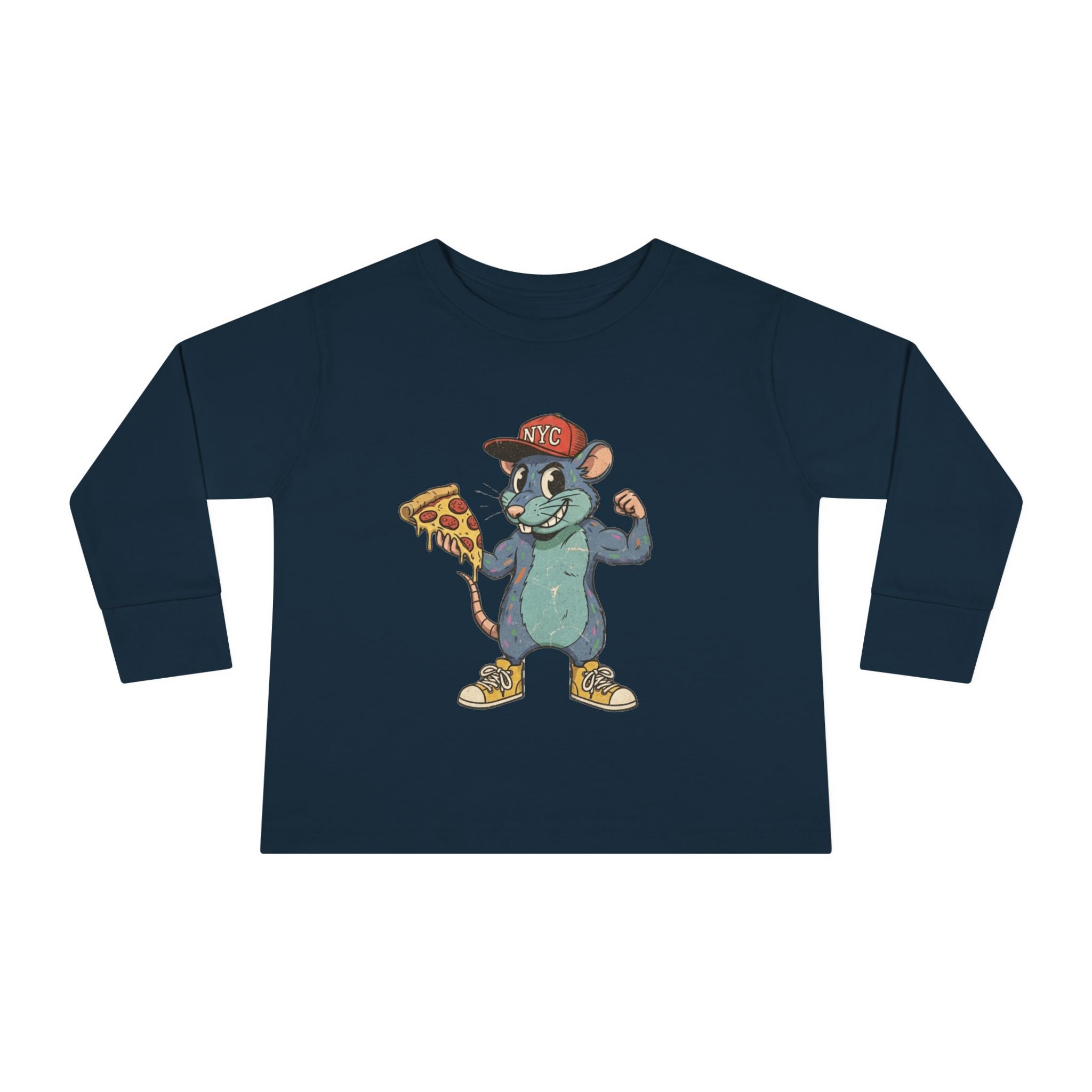 Toddler Long Sleeve Tee — Fun Pizza-Loving Cartoon Rat Graphic