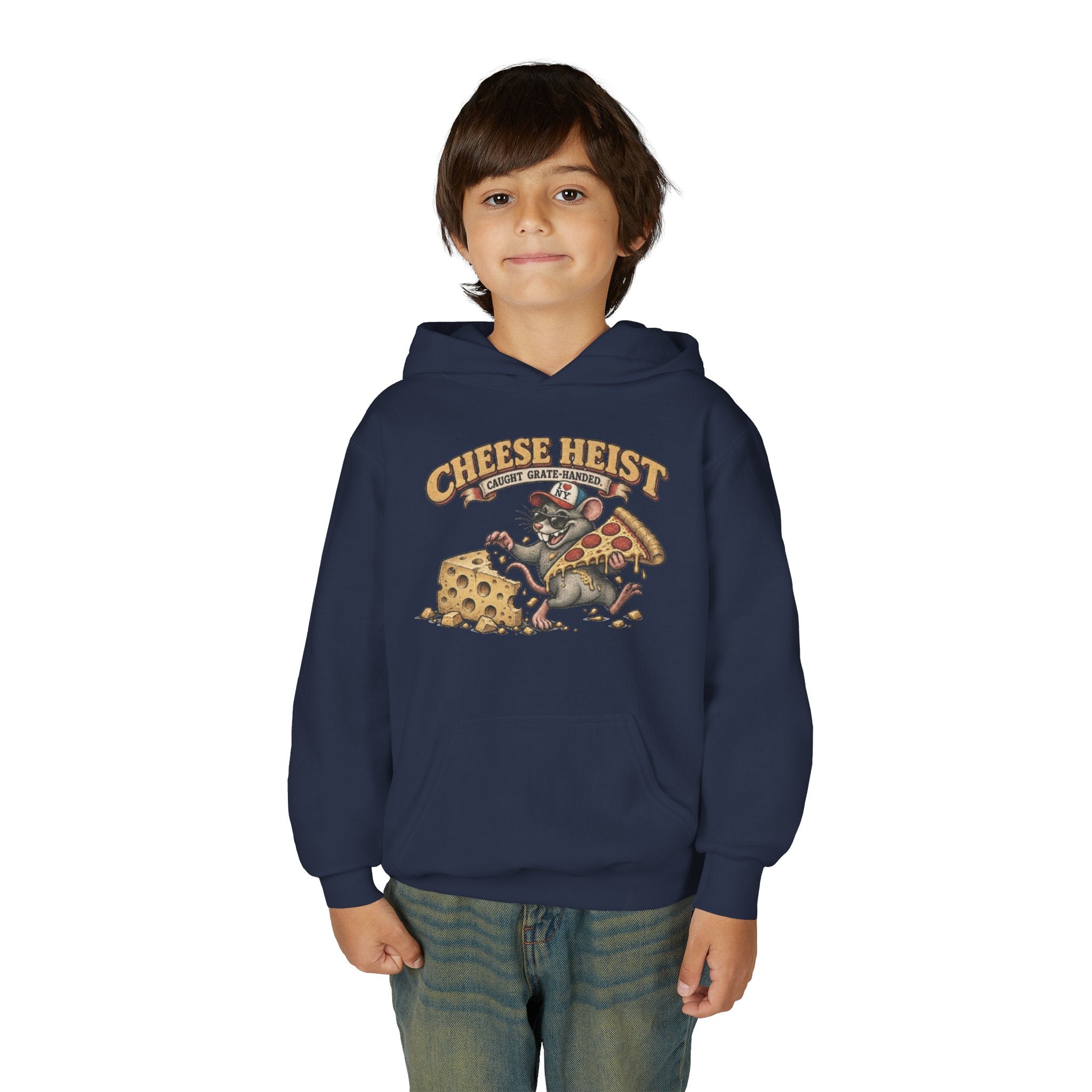 Youth Hoodie - "Cheese Heist" Cartoon Mouse & Pizza Graphic