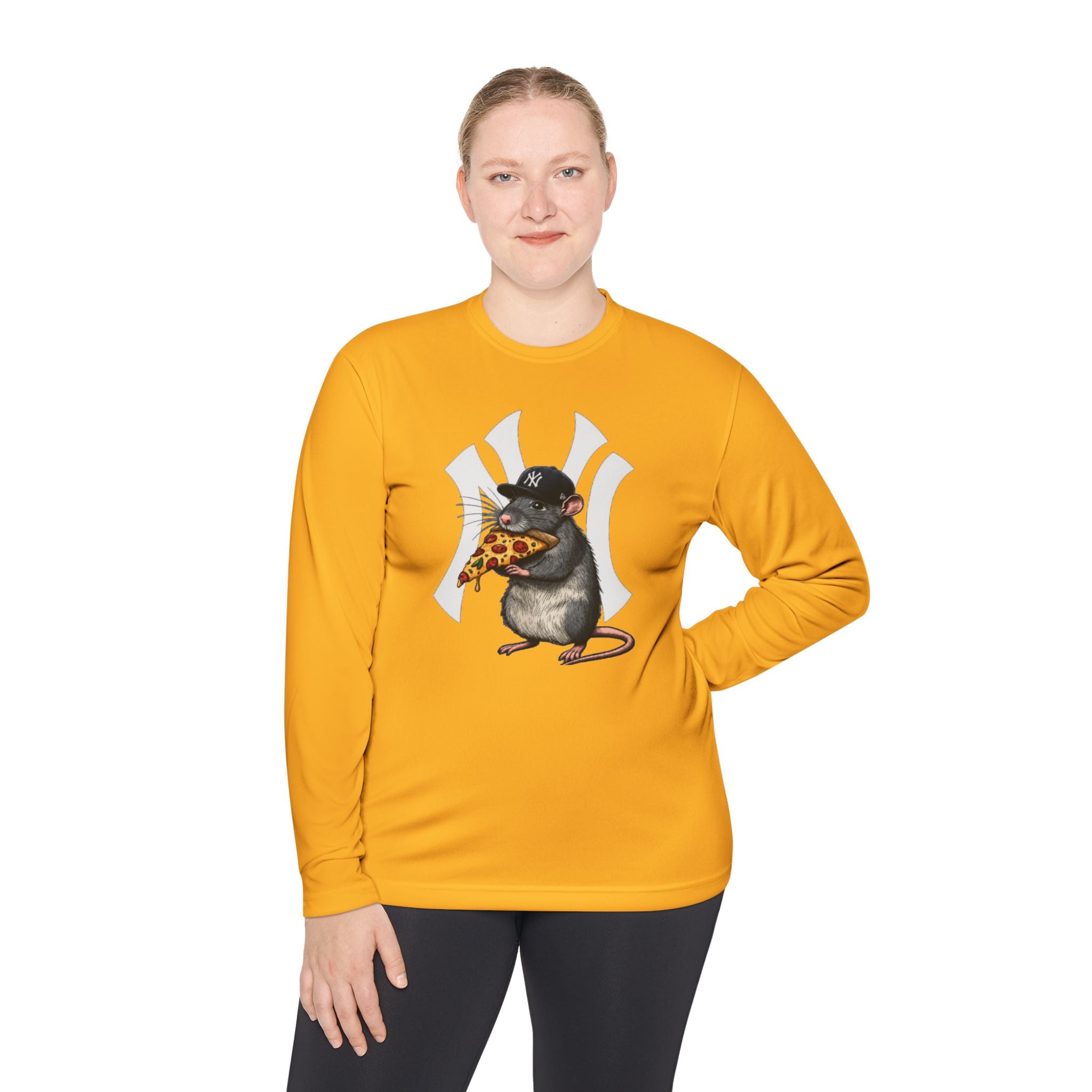 NY Yankee Rat Eating Pizza Long Sleeve Tee — Cute Baseball Logo Mashup