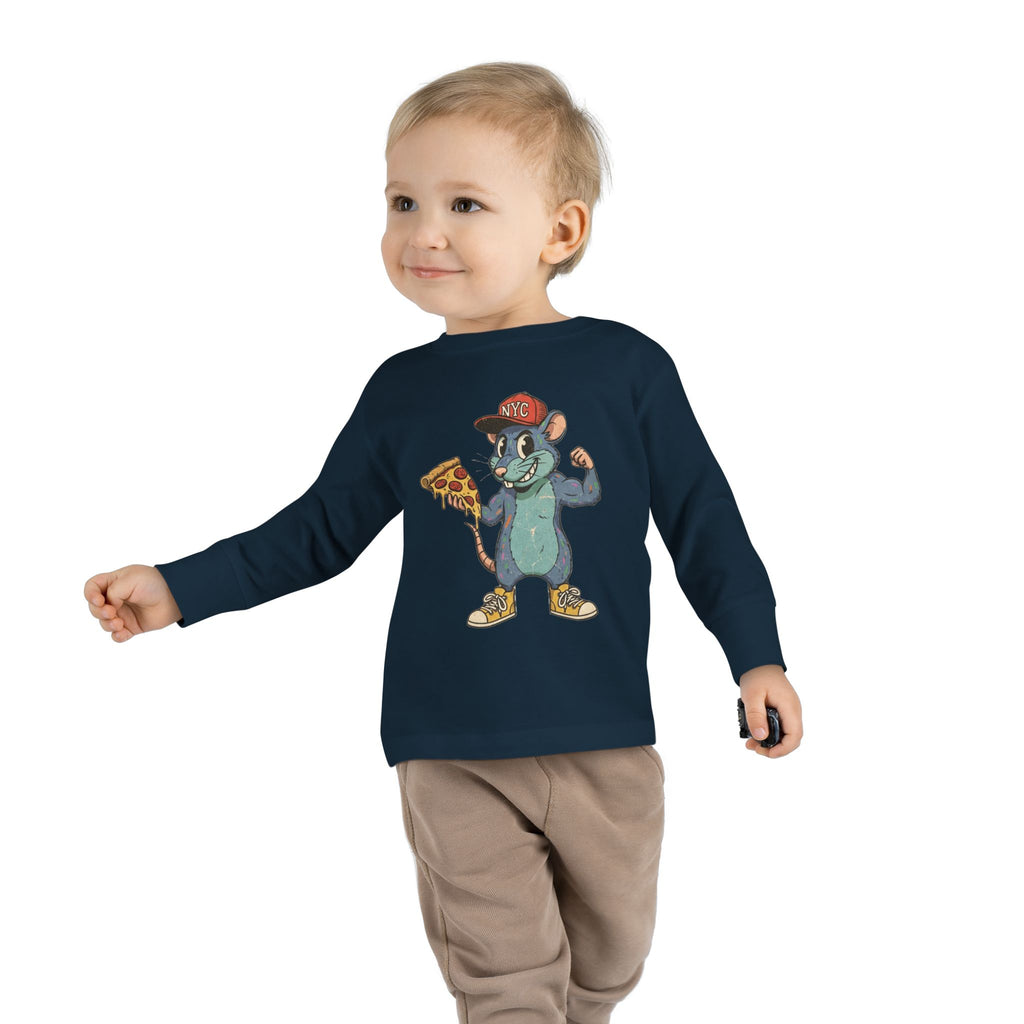 Toddler Long Sleeve Tee — Fun Pizza-Loving Cartoon Rat Graphic