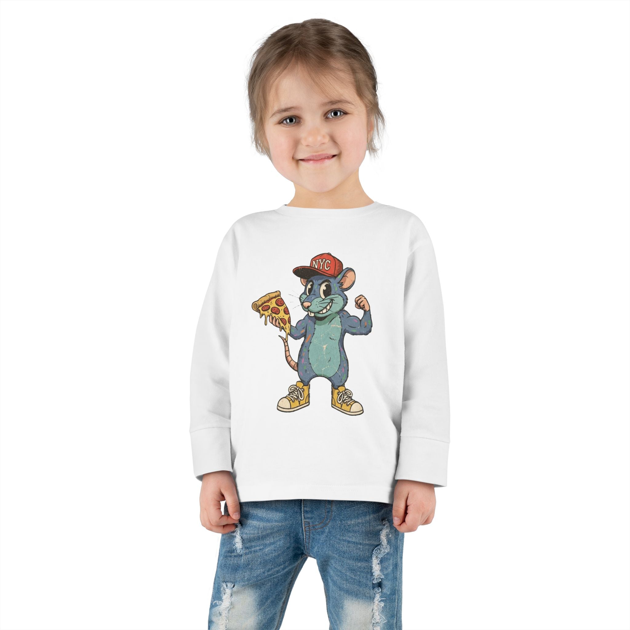 Toddler Long Sleeve Tee — Fun Pizza-Loving Cartoon Rat Graphic
