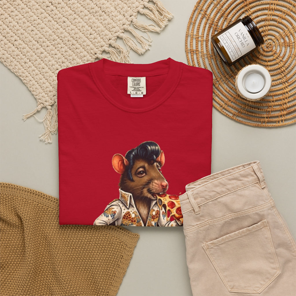 Elvis Rat Pizza T‑Shirt — Retro Rockabilly Mouse Eating Pizza Graphic Tee