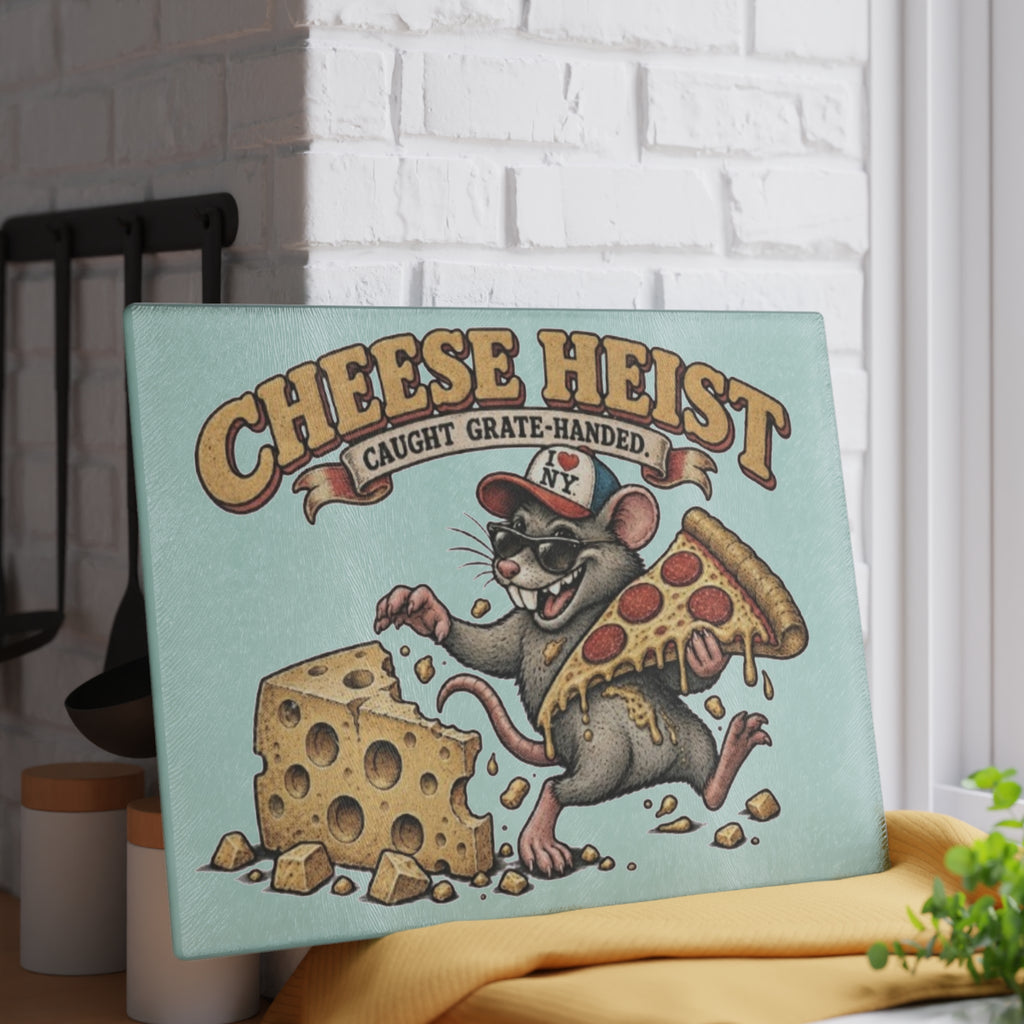 Glass Cutting Board - "Cheese Heist" Retro Rat Pizza & Cheese Kitchen Art