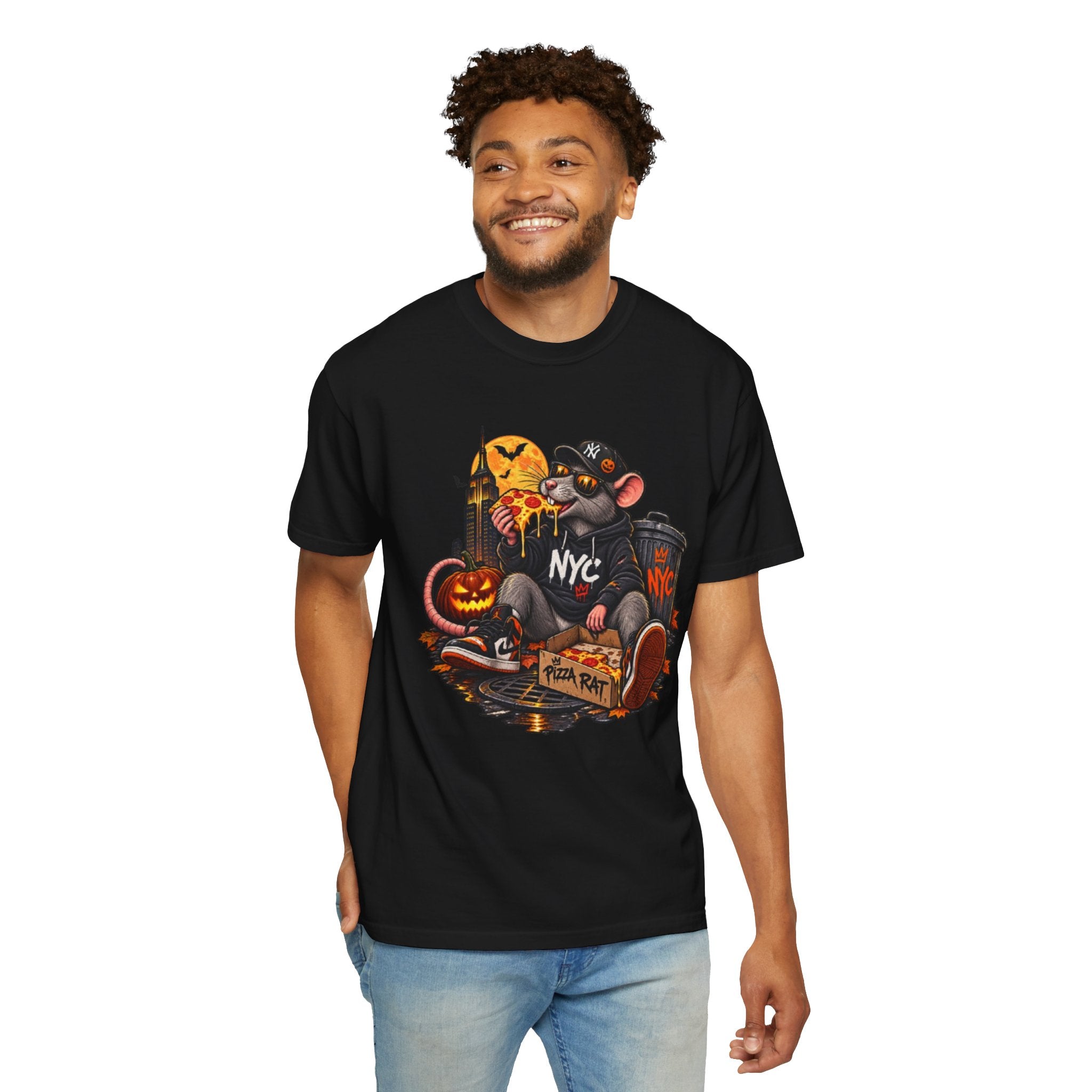 NYC Pizza Rat Halloween T-Shirt — Cute Urban Rat with Pizza & Pumpkins
