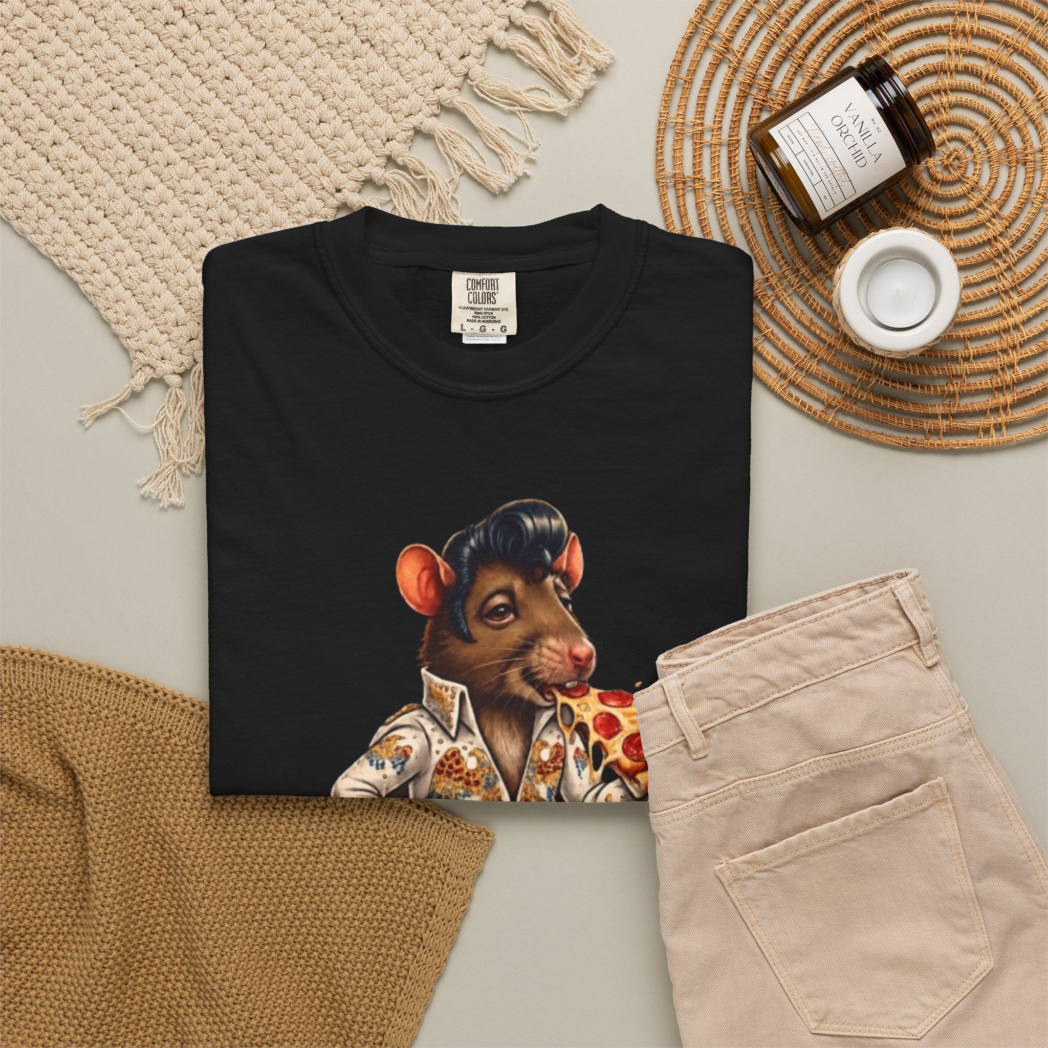 Elvis Rat Pizza T‑Shirt — Retro Rockabilly Mouse Eating Pizza Graphic Tee