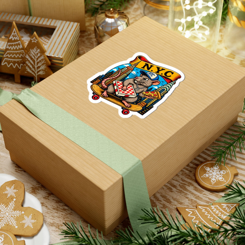 NYC Pizza Rat Sticker — Skateboard Skateboarder Cityscape Kiss-Cut Sticker