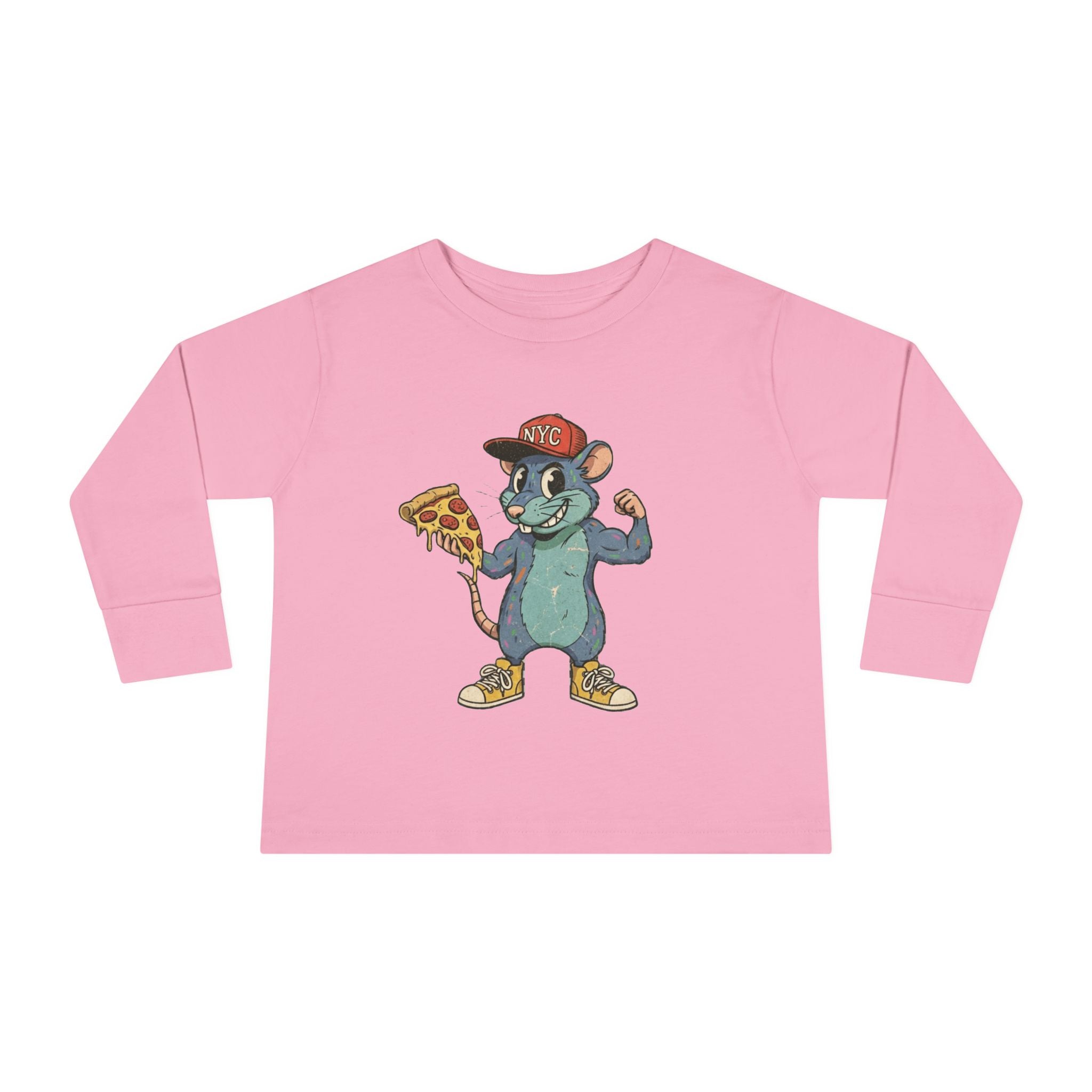 Toddler Long Sleeve Tee — Fun Pizza-Loving Cartoon Rat Graphic