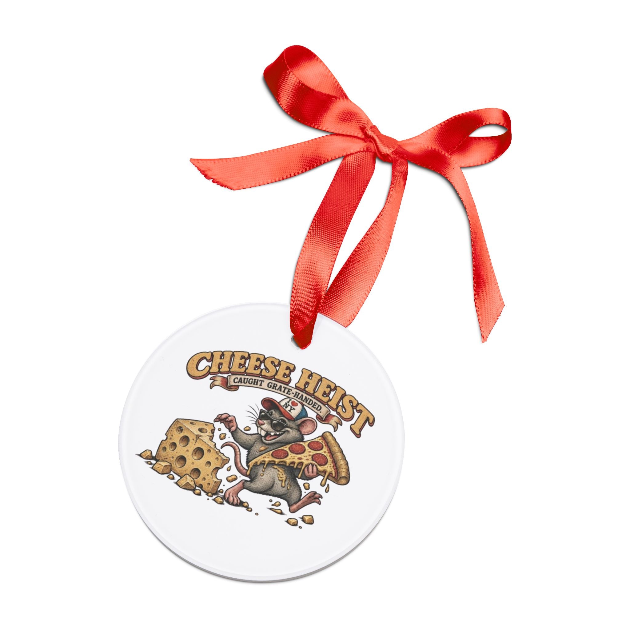 Cheese Heist Acrylic Ornament — Funny Mouse Pizza & Swiss Cheese Holiday Decoration