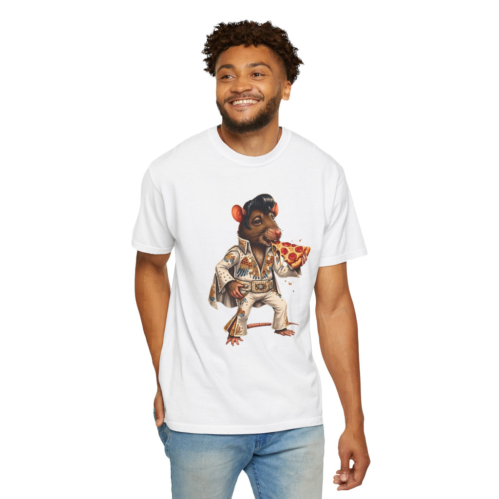 Elvis Rat Pizza T‑Shirt — Retro Rockabilly Mouse Eating Pizza Graphic Tee