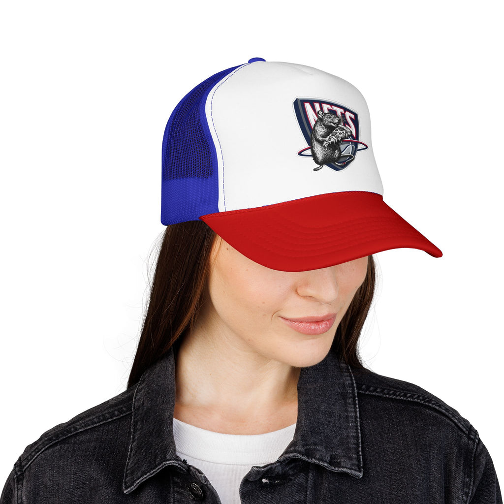 Black Trucker Hat with Retro Raccoon Patch — 'NTS' Vintage Style Foam Cap - Brooklyn Nets