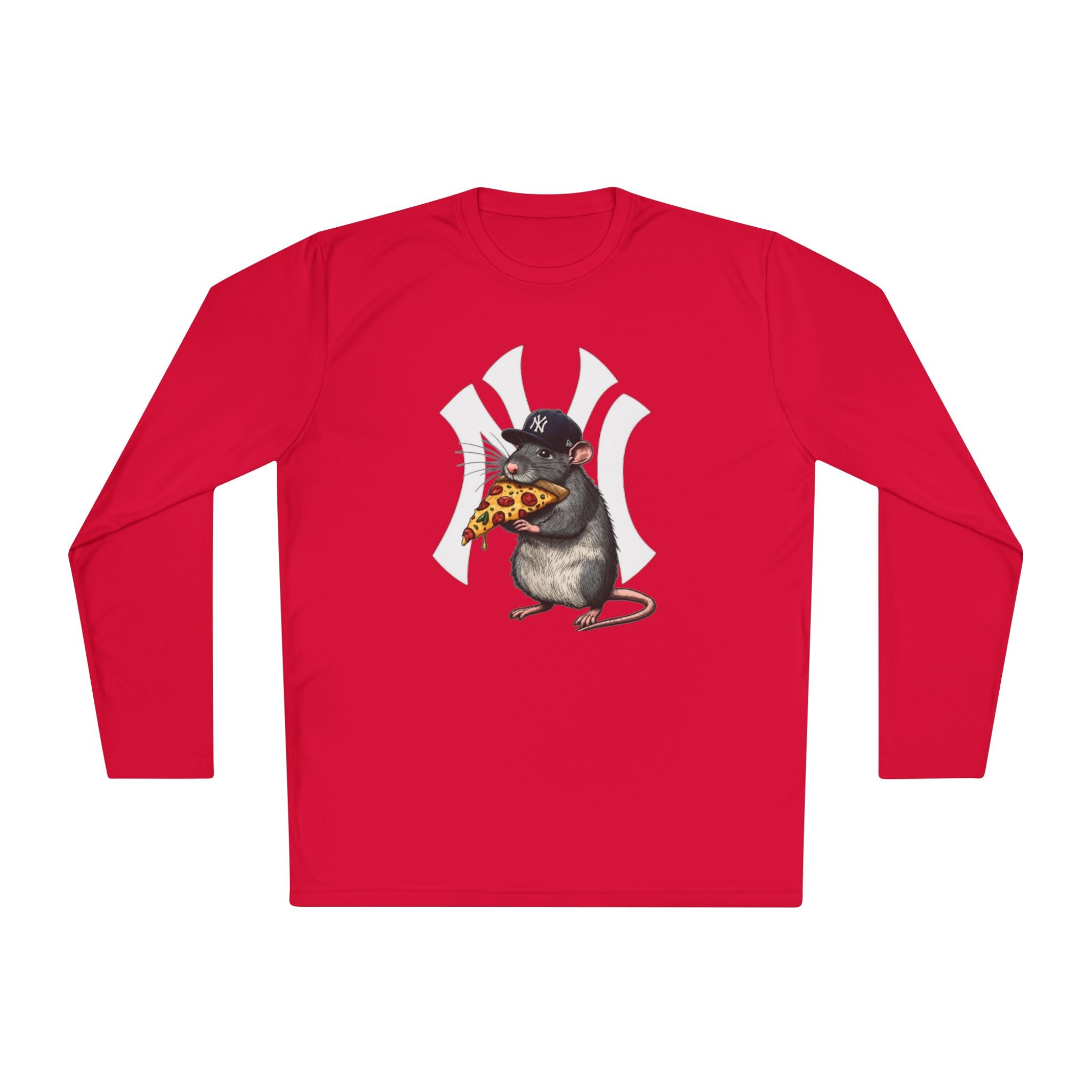 NY Yankee Rat Eating Pizza Long Sleeve Tee — Cute Baseball Logo Mashup