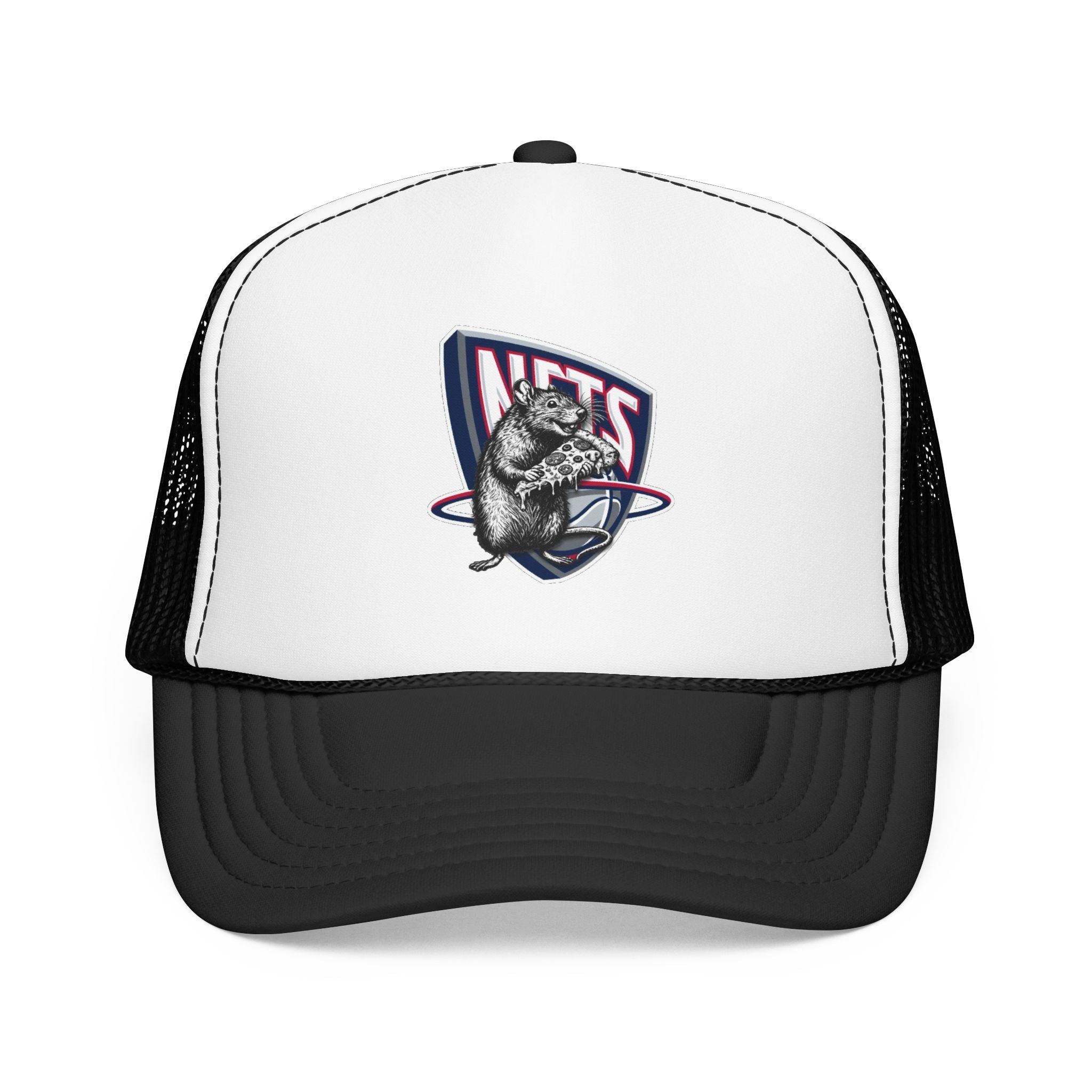 Black Trucker Hat with Retro Raccoon Patch — 'NTS' Vintage Style Foam Cap - Brooklyn Nets