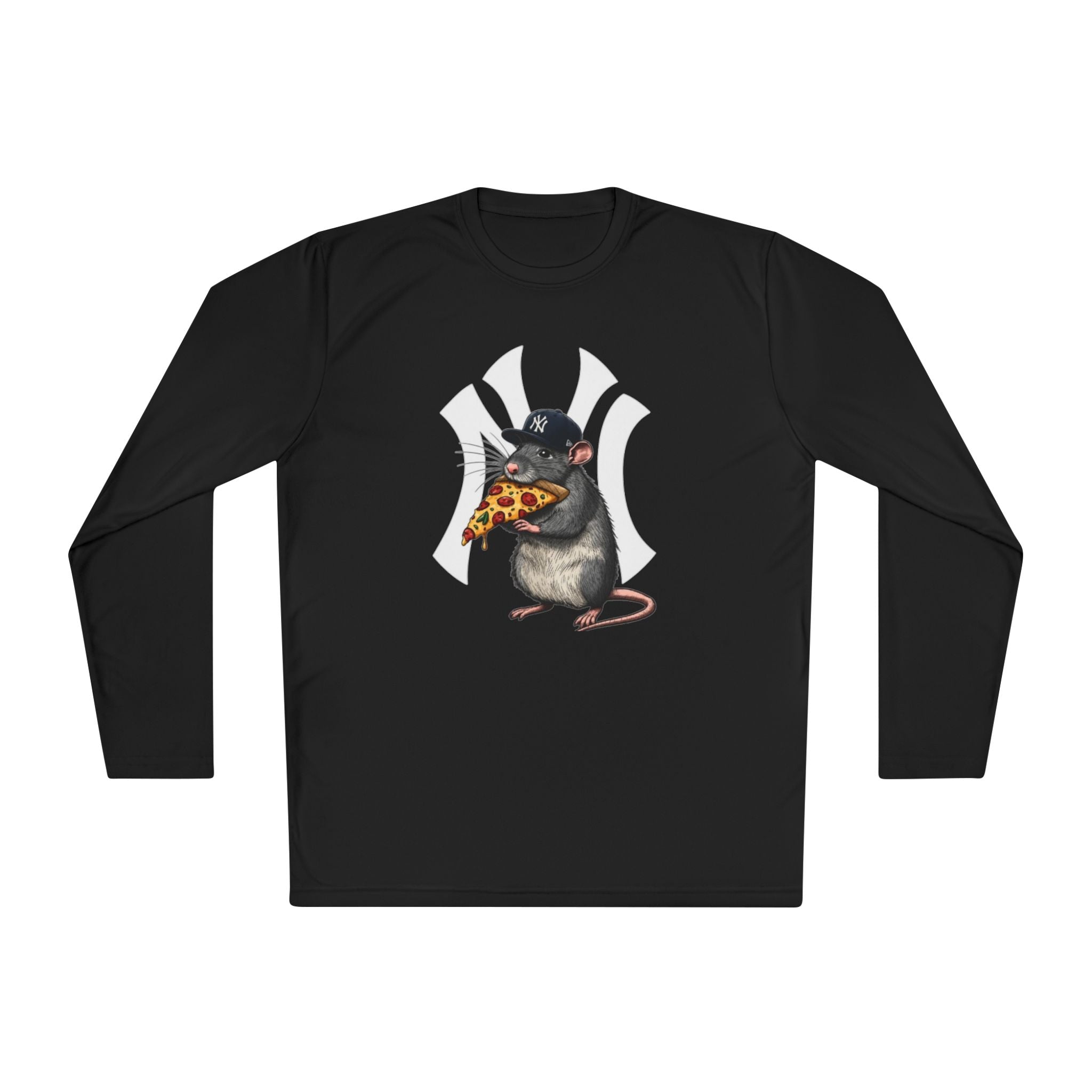 NY Yankee Rat Eating Pizza Long Sleeve Tee — Cute Baseball Logo Mashup