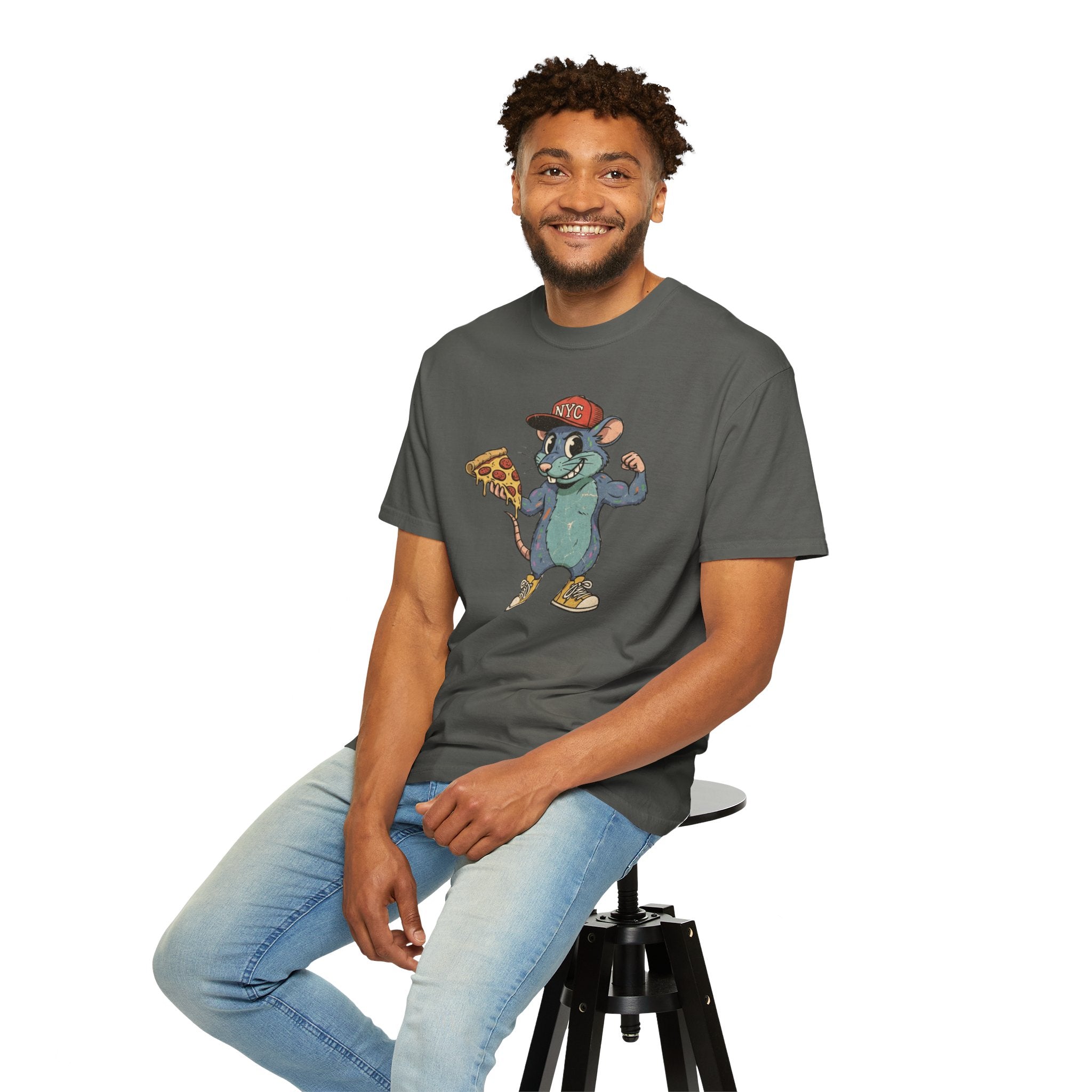 NYC Pizza Rat T-Shirt — Urban Cartoon Rodent Holding Slice Graphic Tee