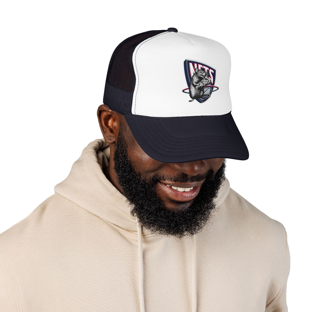 Black Trucker Hat with Retro Raccoon Patch — 'NTS' Vintage Style Foam Cap - Brooklyn Nets