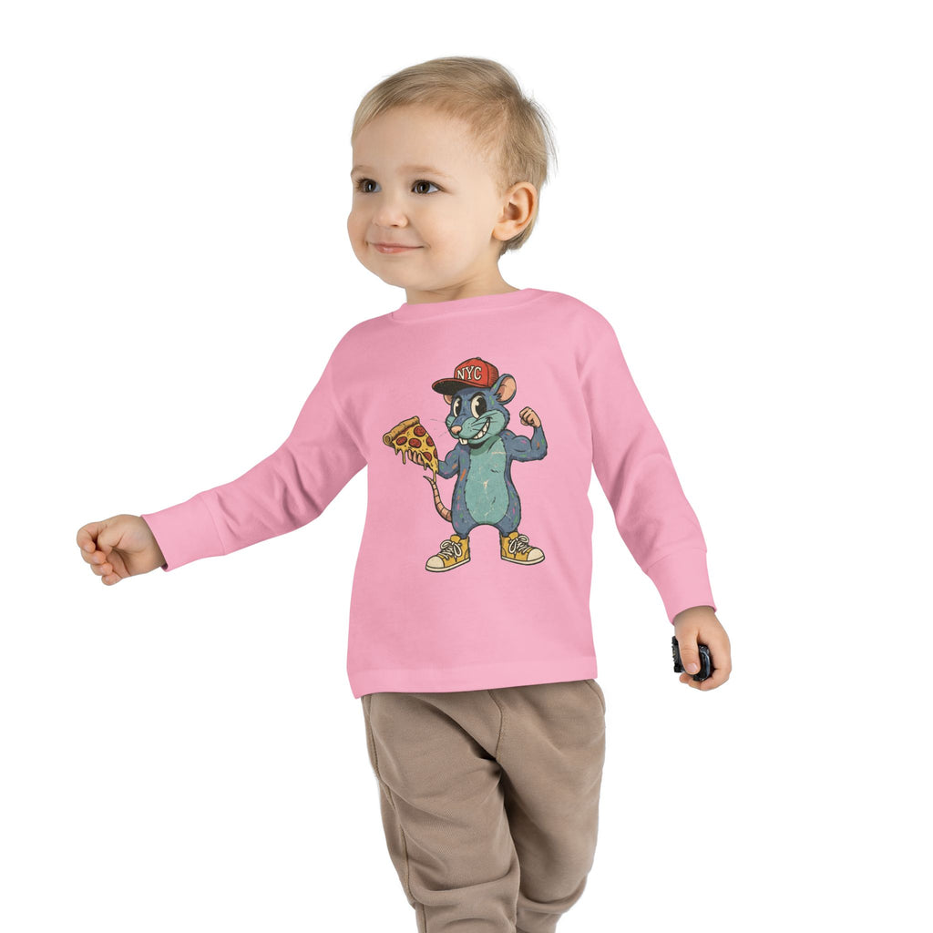 Toddler Long Sleeve Tee — Fun Pizza-Loving Cartoon Rat Graphic