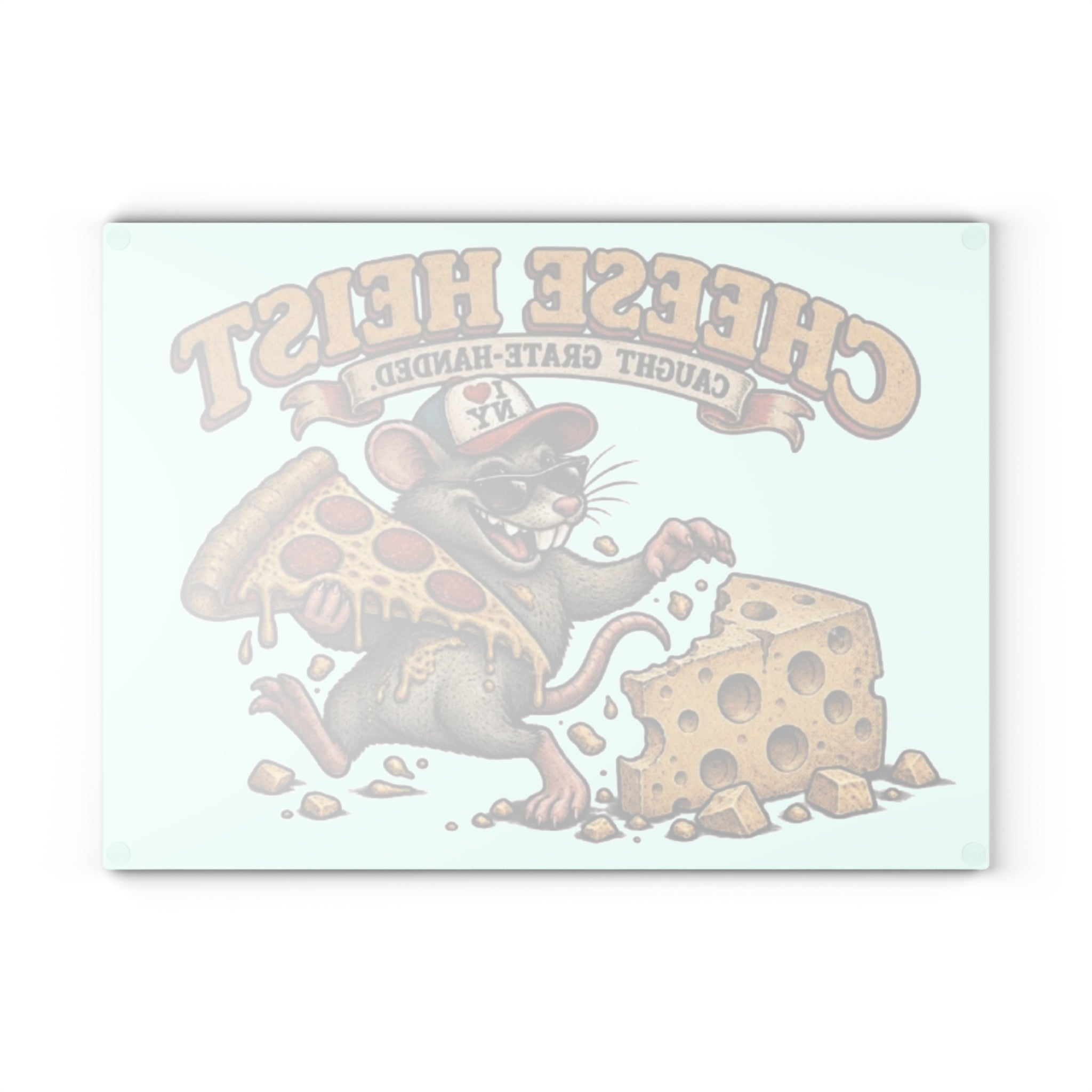 Glass Cutting Board - "Cheese Heist" Retro Rat Pizza & Cheese Kitchen Art