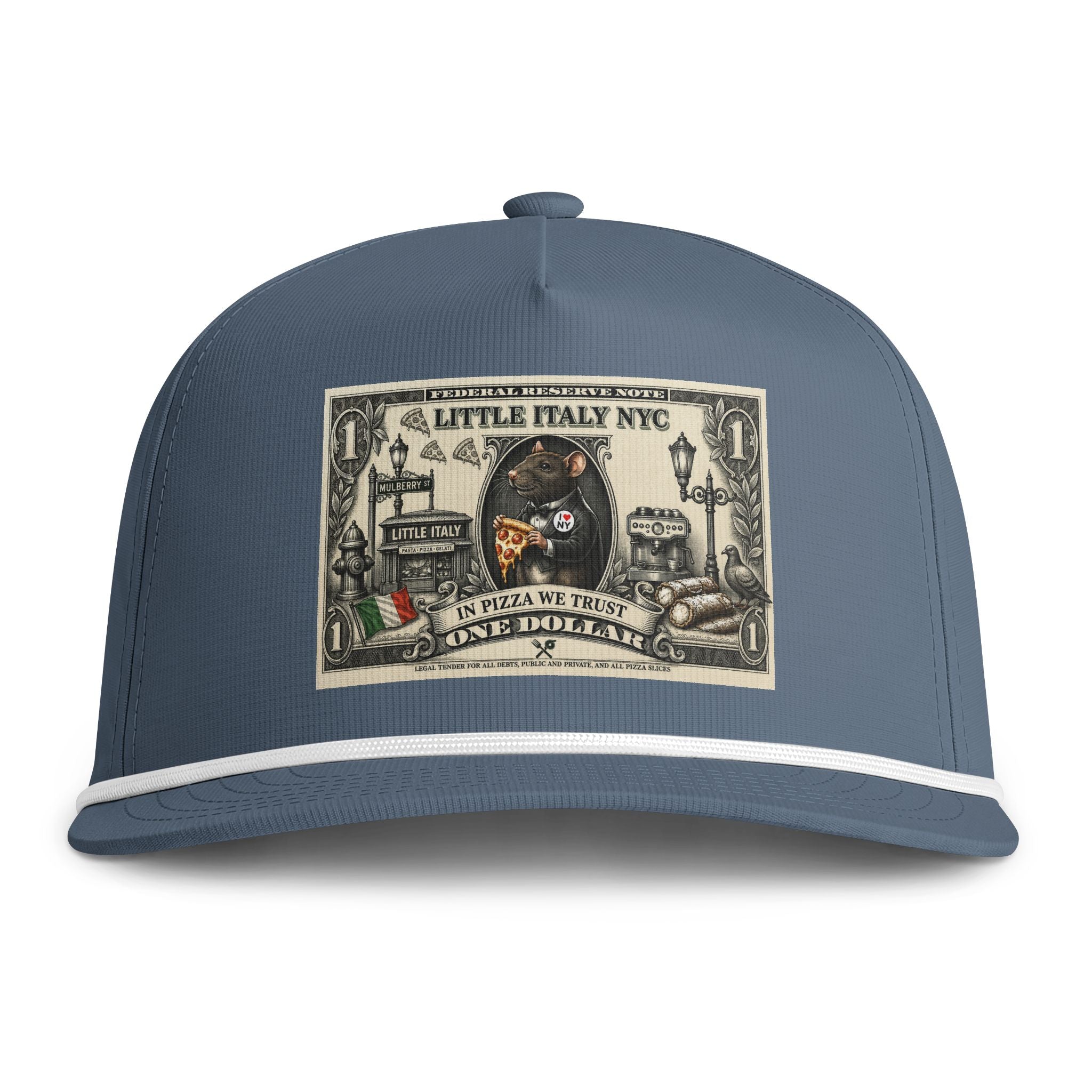 Vintage Little Italy NYC Rope Cap — Sunwashed Snapback Hat with Pizza & Italian Street Patch