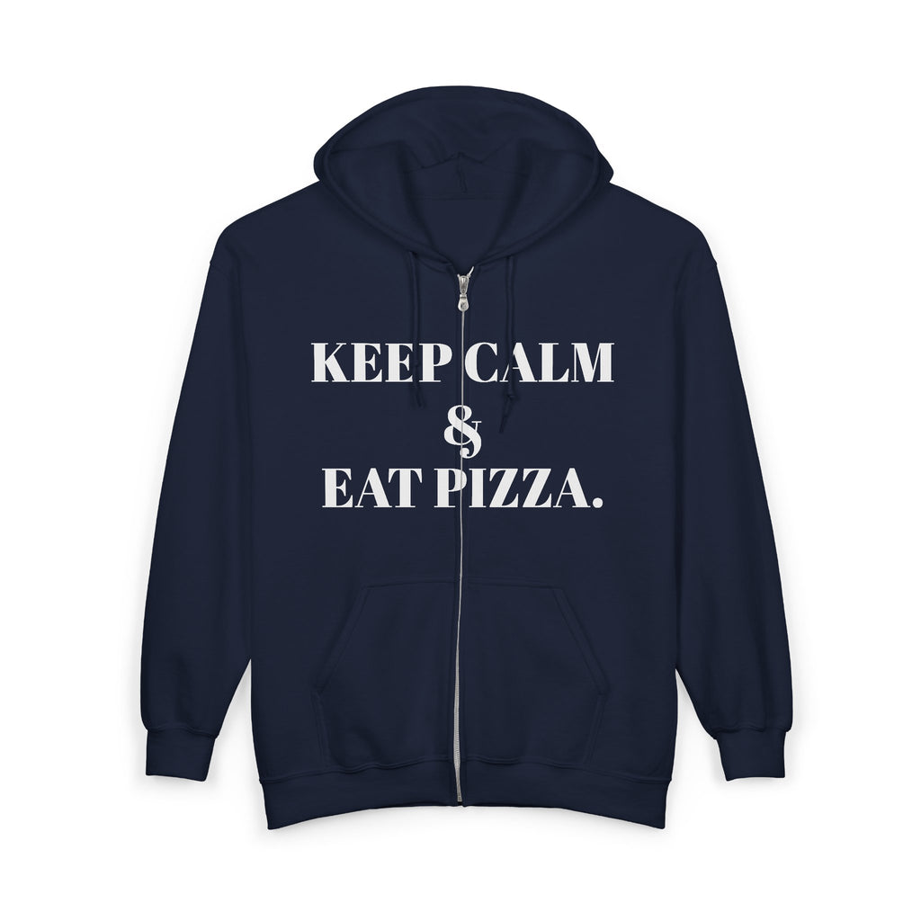 Keep Calm & Eat Pizza Zip Hoodie — Rat with Pizza Graphic Zip-Up Sweatshirt