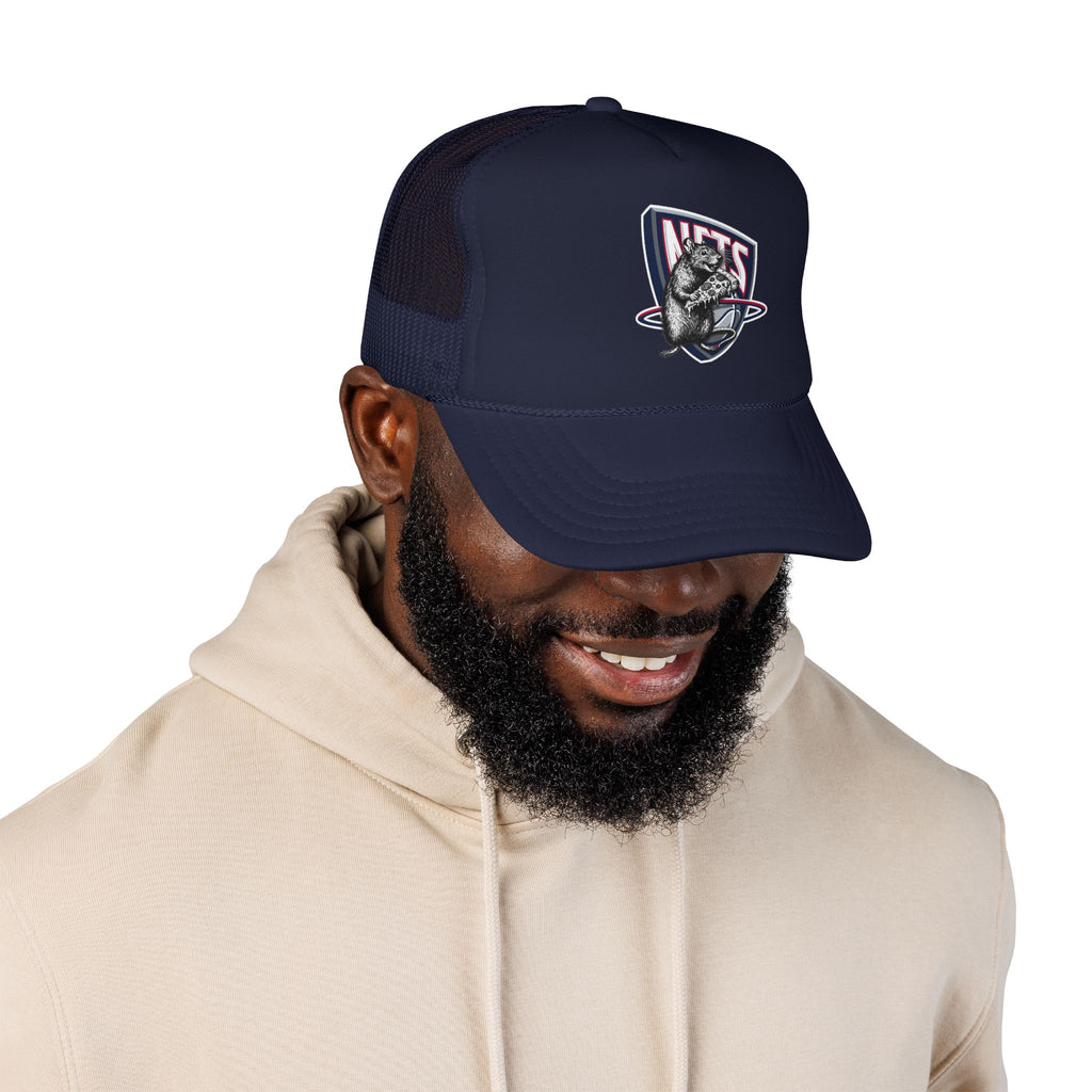 Black Trucker Hat with Retro Raccoon Patch — 'NTS' Vintage Style Foam Cap - Brooklyn Nets