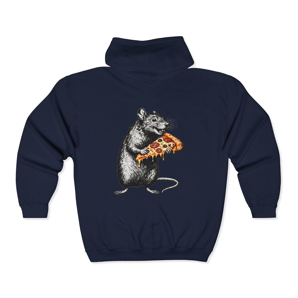 Keep Calm & Eat Pizza Zip Hoodie — Rat with Pizza Graphic Zip-Up Sweatshirt