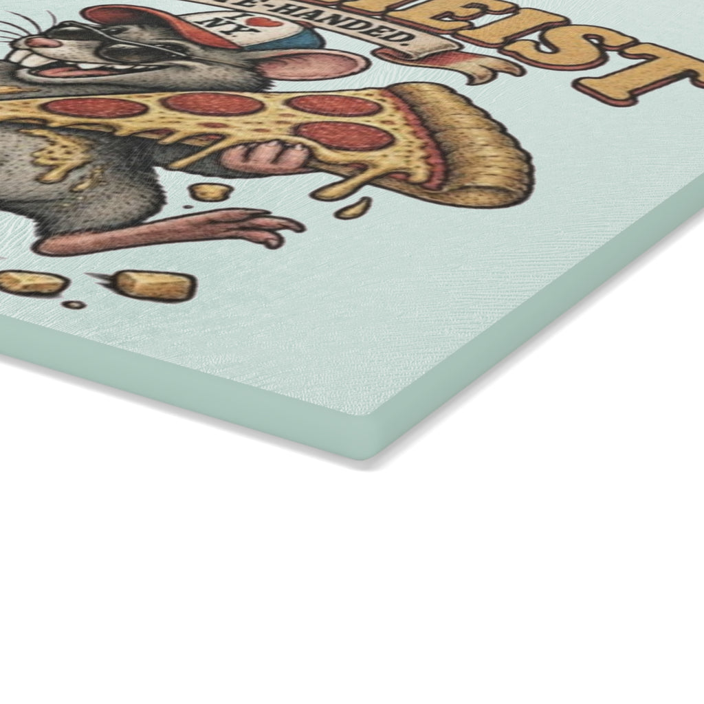 Glass Cutting Board - "Cheese Heist" Retro Rat Pizza & Cheese Kitchen Art