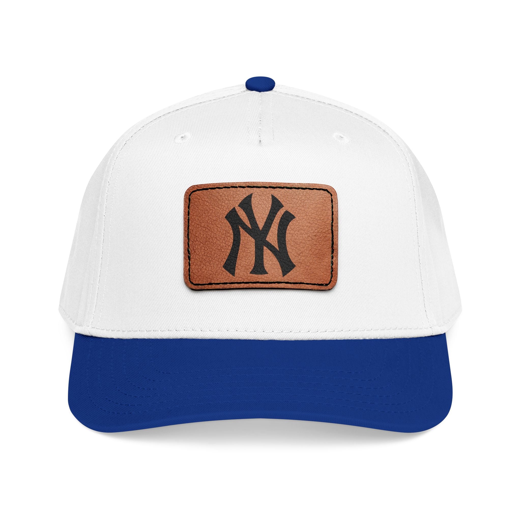 NY Leather Patch Baseball Cap — Vintage Leather Rectangle Patch on Mid-Profile Cap