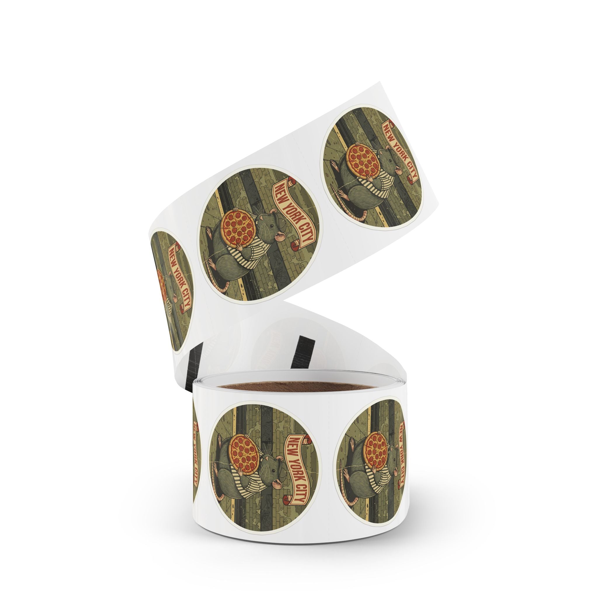 Round Sticker Roll — New York City Pizza Rat Retro Illustration