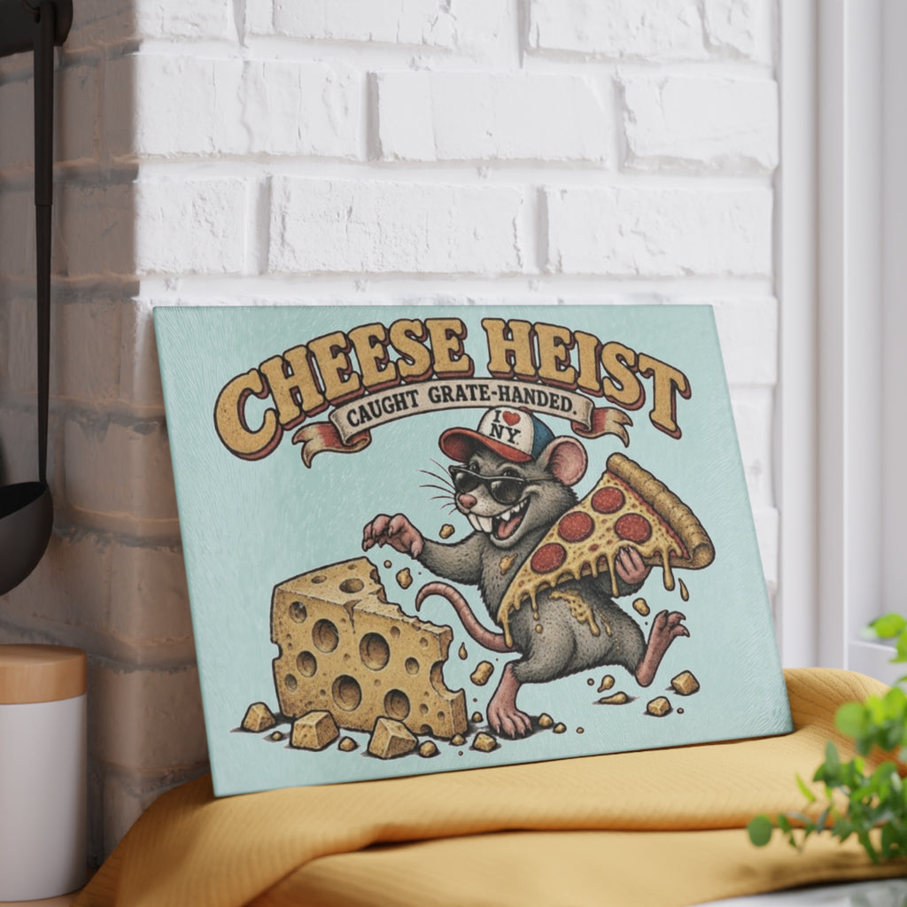 Glass Cutting Board - "Cheese Heist" Retro Rat Pizza & Cheese Kitchen Art