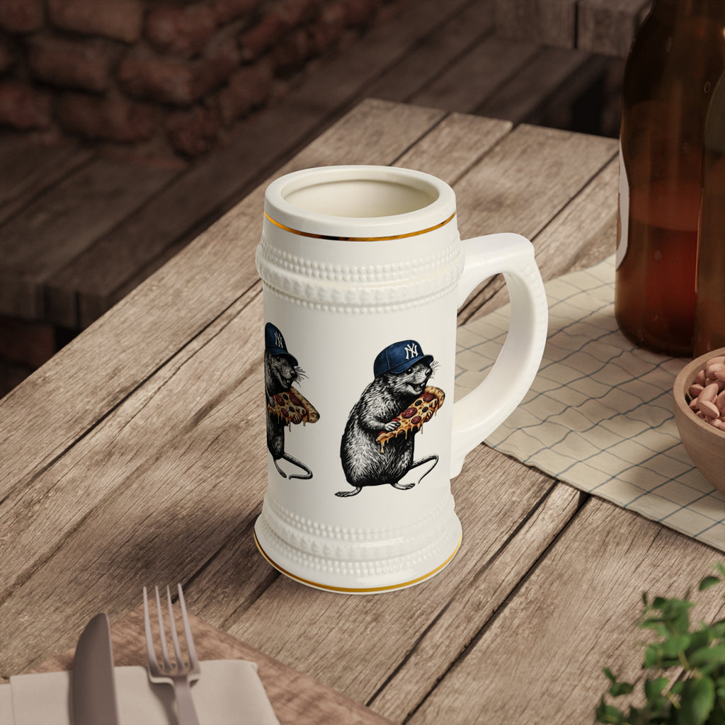 Beer Stein Mug — Retro Rat Eating Pizza with Baseball Cap Ceramic Stein
