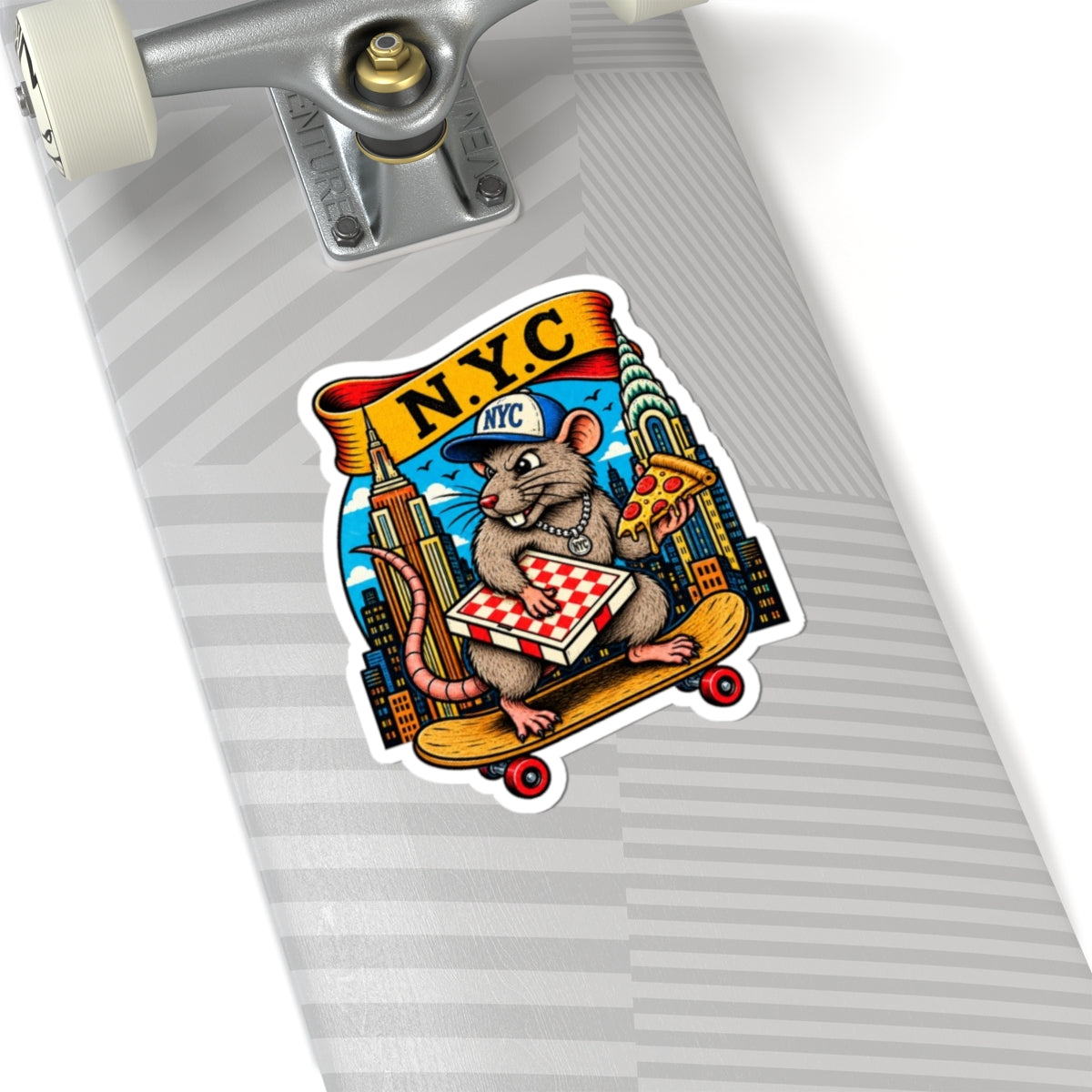 NYC Pizza Rat Sticker — Skateboard Skateboarder Cityscape Kiss-Cut Sticker