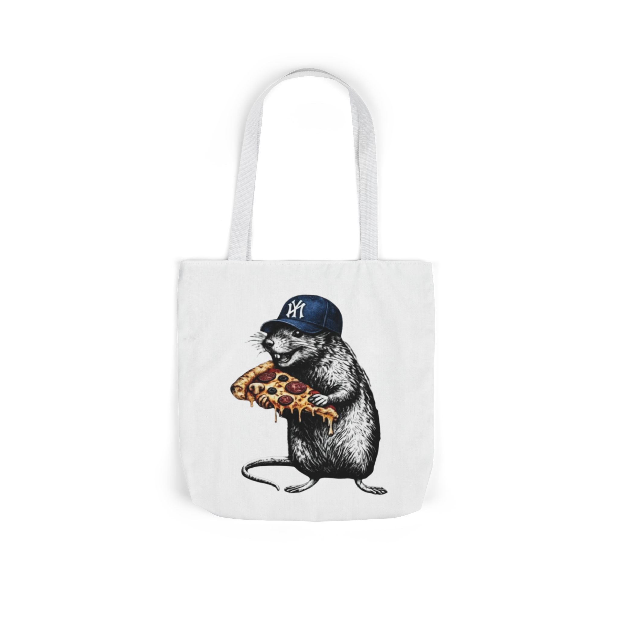 Canvas Tote — Cool Rat Wearing Yankees Cap Eating Pizza Print