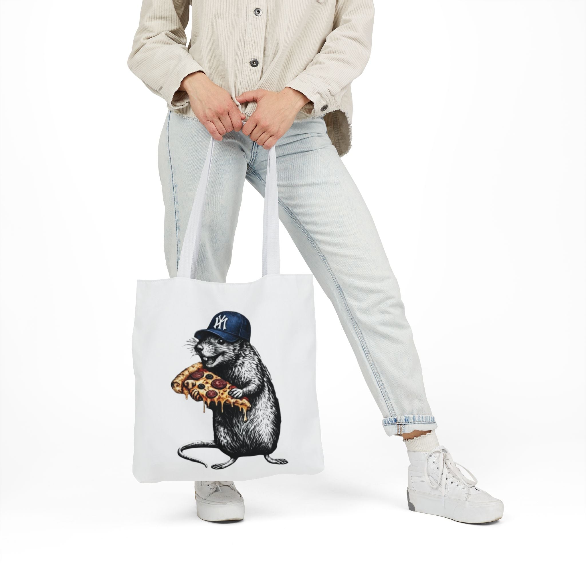 Canvas Tote — Cool Rat Wearing Yankees Cap Eating Pizza Print