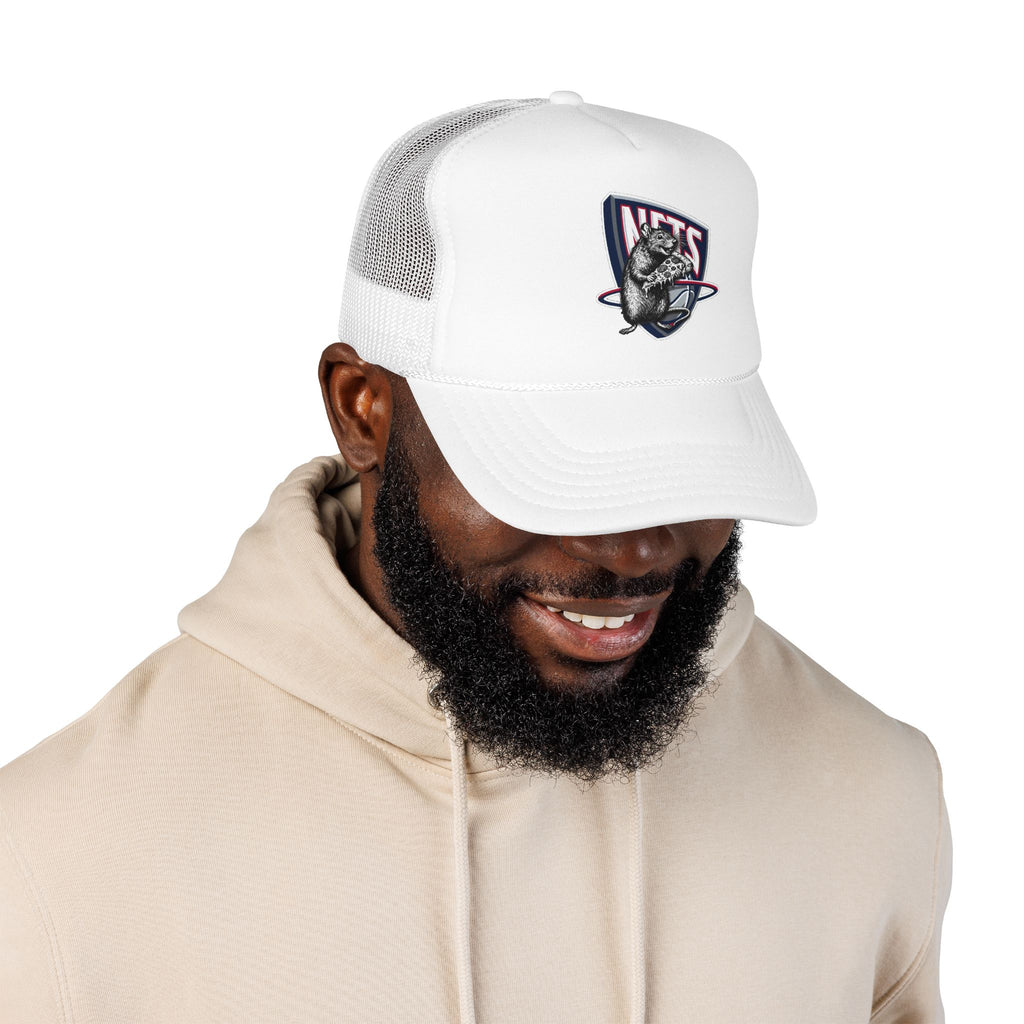 Black Trucker Hat with Retro Raccoon Patch — 'NTS' Vintage Style Foam Cap - Brooklyn Nets